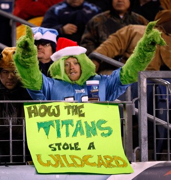 NASHVILLE, TN - DECEMBER 25: A Tennessee Titans fan gets into the spirit of the season against the San Diego Chargers on December 25, 2009 at LP Field in Nashville, Tennessee. (Photo by Rex Brown/Getty Images)