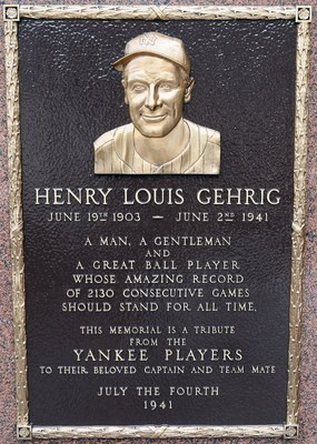 NEW YORK - MAY 02: The plaque of Lou Gehrig is seen in Monument Park at Yankee Stadium prior to game between the New York Yankees and the Chicago White Sox on May 2, 2010 in the Bronx borough of New York City. The Yankees defeated the White Sox 12-3. (P NEW YORK - MAY 02: The plaque of Lou Gehrig is seen in Monument Park at Yankee Stadium prior to game between the New York Yankees and the Chicago White Sox on May 2, 2010 in the Bronx borough of New York City. The Yankees defeated the White Sox 12-3. (P
