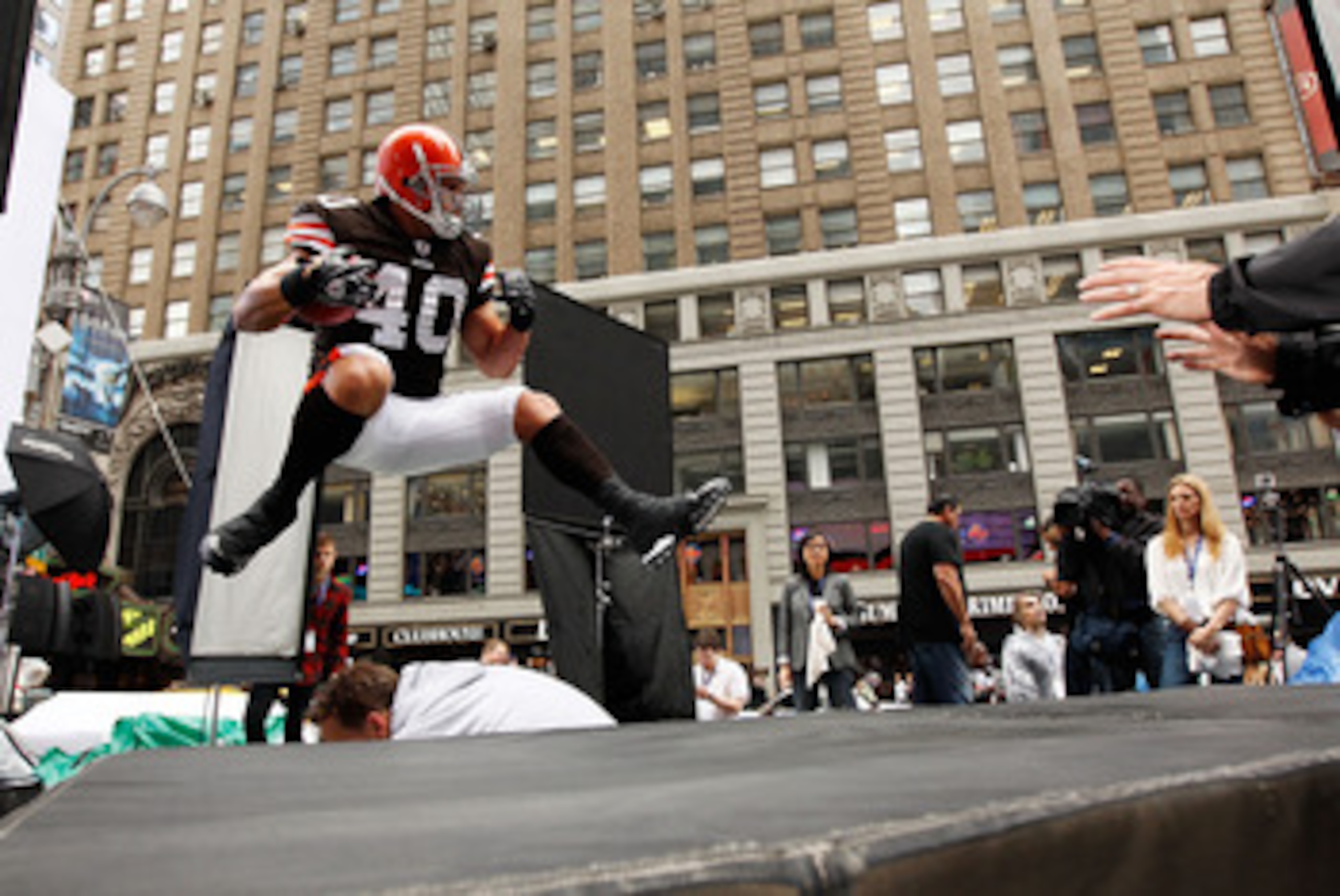 NEW YORK - APRIL 28:  Peyton Hillis #40 of the Cleveland Browns participates in a photo shoot for the cover of EA Sports Madden NFL 12 on April 28, 2011 in Time Square, New York City  (Photo by Mike Stobe/Getty Images for EA Sports)
