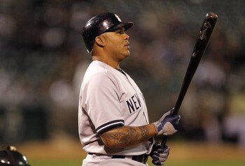 OAKLAND, CA - MAY 31:  Andruw Jones #18 of the New York Yankees bats against the Oakland Athletics at Oakland-Alameda County Coliseum on May 31, 2011 in Oakland, California.  (Photo by Ezra Shaw/Getty Images)