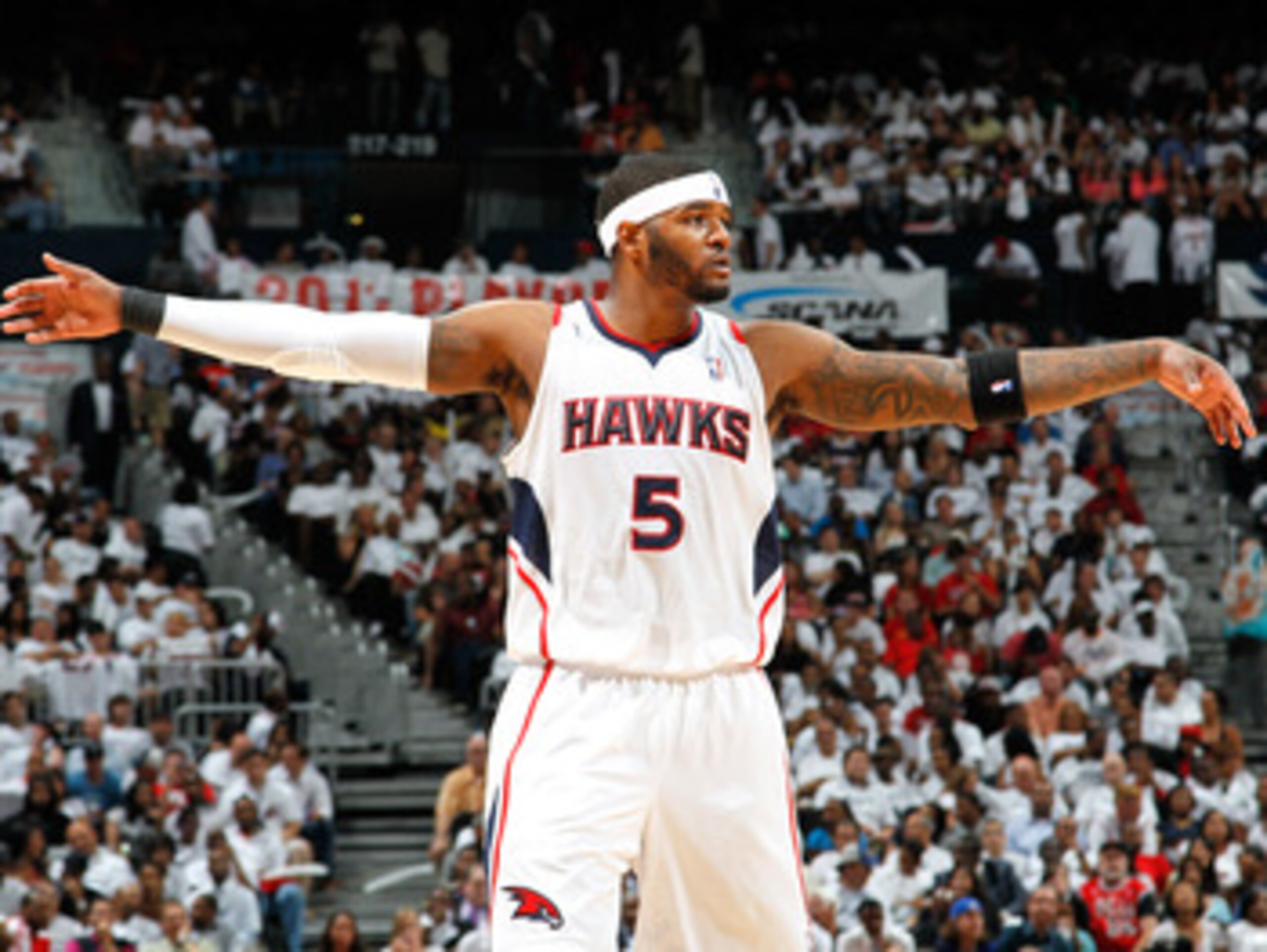 ATLANTA, GA - MAY 12:  Josh Smith #5 of the Atlanta Hawks against the Chicago Bulls in Game Six of the Eastern Conference Semifinals in the 2011 NBA Playoffs at Phillips Arena on May 12, 2011 in Atlanta, Georgia.  NOTE TO USER: User expressly acknowledges
