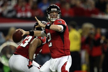ATLANTA, GA - JANUARY 15:  Quarterback Matt Ryan #2 of the Atlanta Falcons throws a pass against the Green Bay Packers during their 2011 NFC divisional playoff game at Georgia Dome on January 15, 2011 in Atlanta, Georgia.  (Photo by Streeter Lecka/Getty I