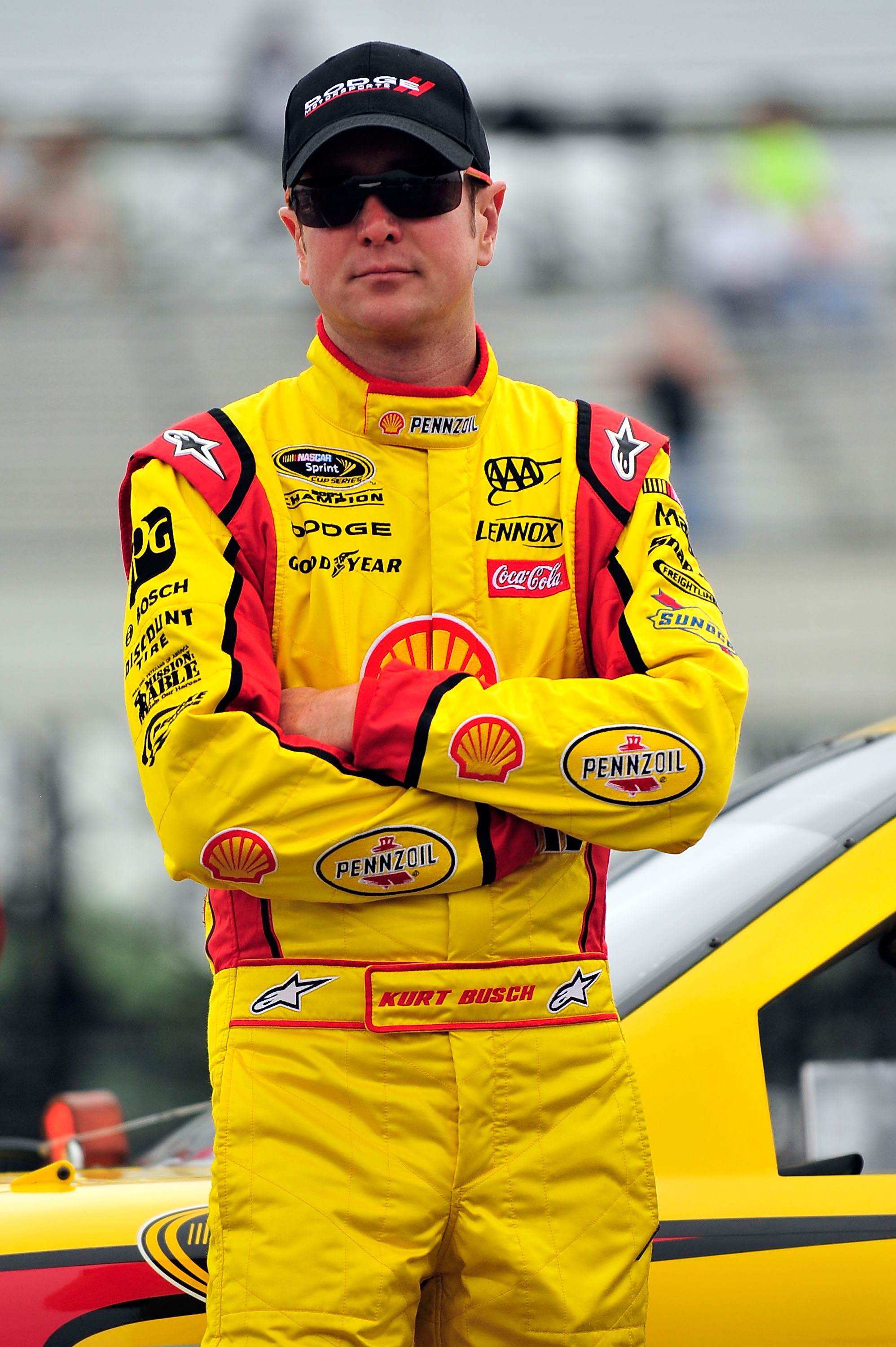 LONG POND, PA - JUNE 11:  Kurt Busch, driver of the #22 Shell/Pennzoil Dodge, looks on during qualifying for the NASCAR Sprint Cup Series 5-Hour Energy 500 at Pocono Raceway on June 11, 2011 in Long Pond, Pennsylvania.  (Photo by Jason Smith/Getty Images