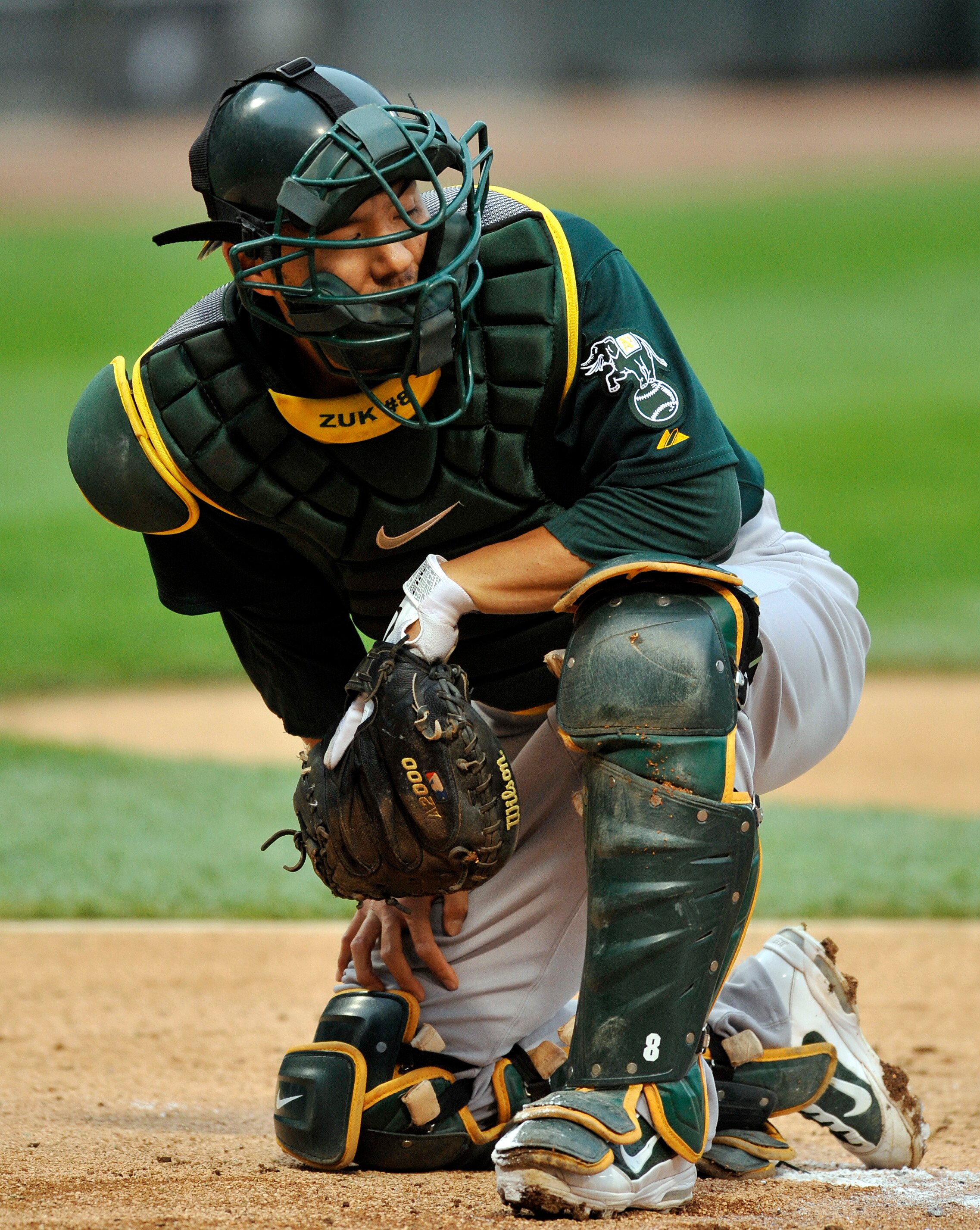CHICAGO, IL - JUNE 11: Kurt Suzuki #8 of the Oakland Athletics    against the Chicago White Sox on June 11, 2011 at U.S. Cellular Field in Chicago, Illinois.  (Photo by David Banks/Getty Images)