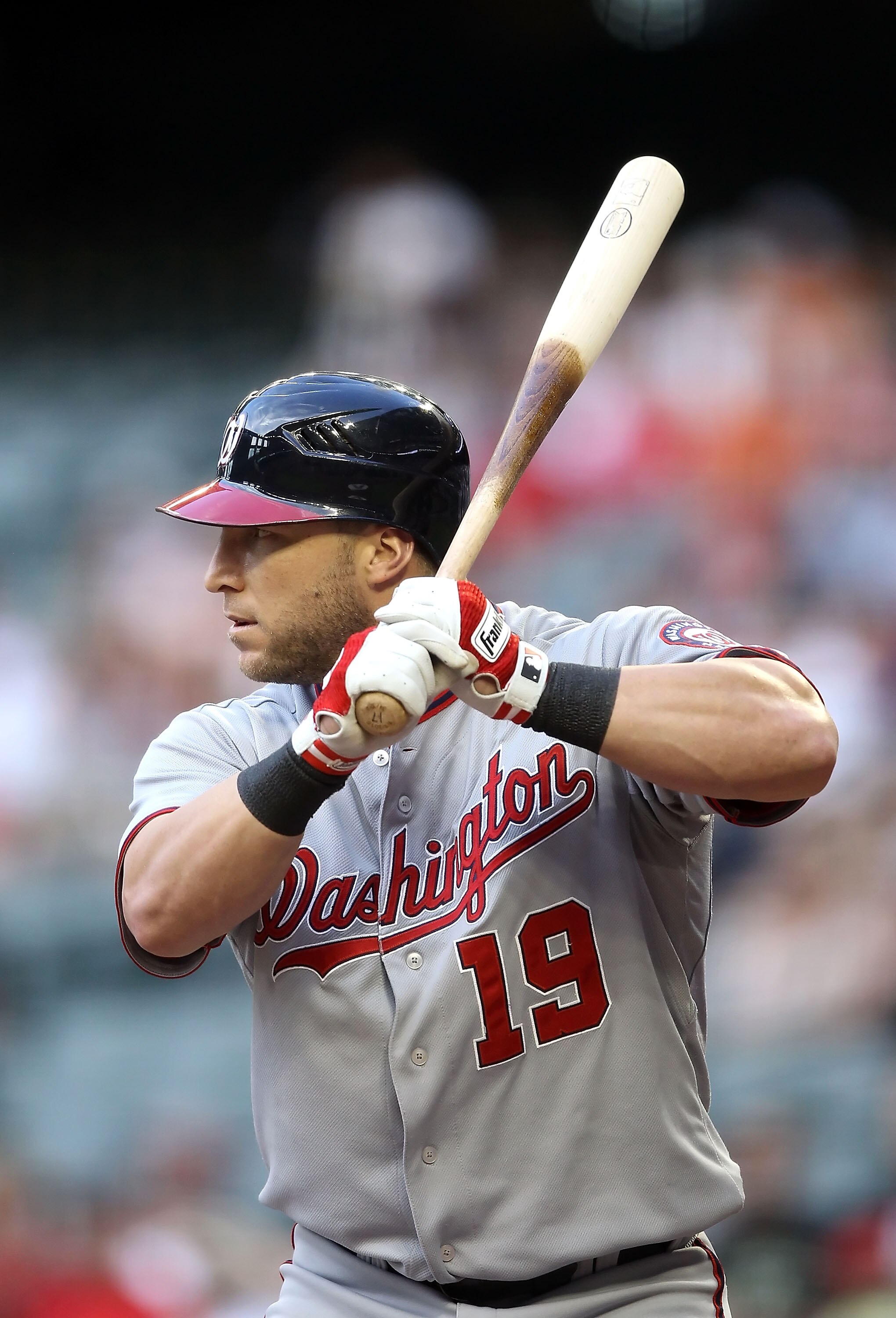 PHOENIX, AZ - JUNE 03:  Laynce Nix #19 of the Washington Nationals at bat during the Major League Baseball game against the Arizona Diamondbacks at Chase Field on June 3, 2011 in Phoenix, Arizona.  The Diamondbacks defeated the Nationals 4-0.  (Photo by C