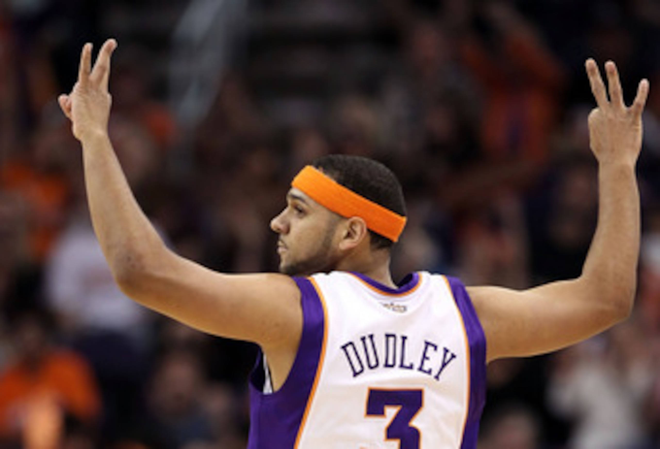 PHOENIX, AZ - APRIL 13:  Jared Dudley #3 of the Phoenix Suns reacts after hitting a three point shot during the NBA game against the San Antonio Spurs at US Airways Center on April 13, 2011 in Phoenix, Arizona.  NOTE TO USER: User expressly acknowledges a