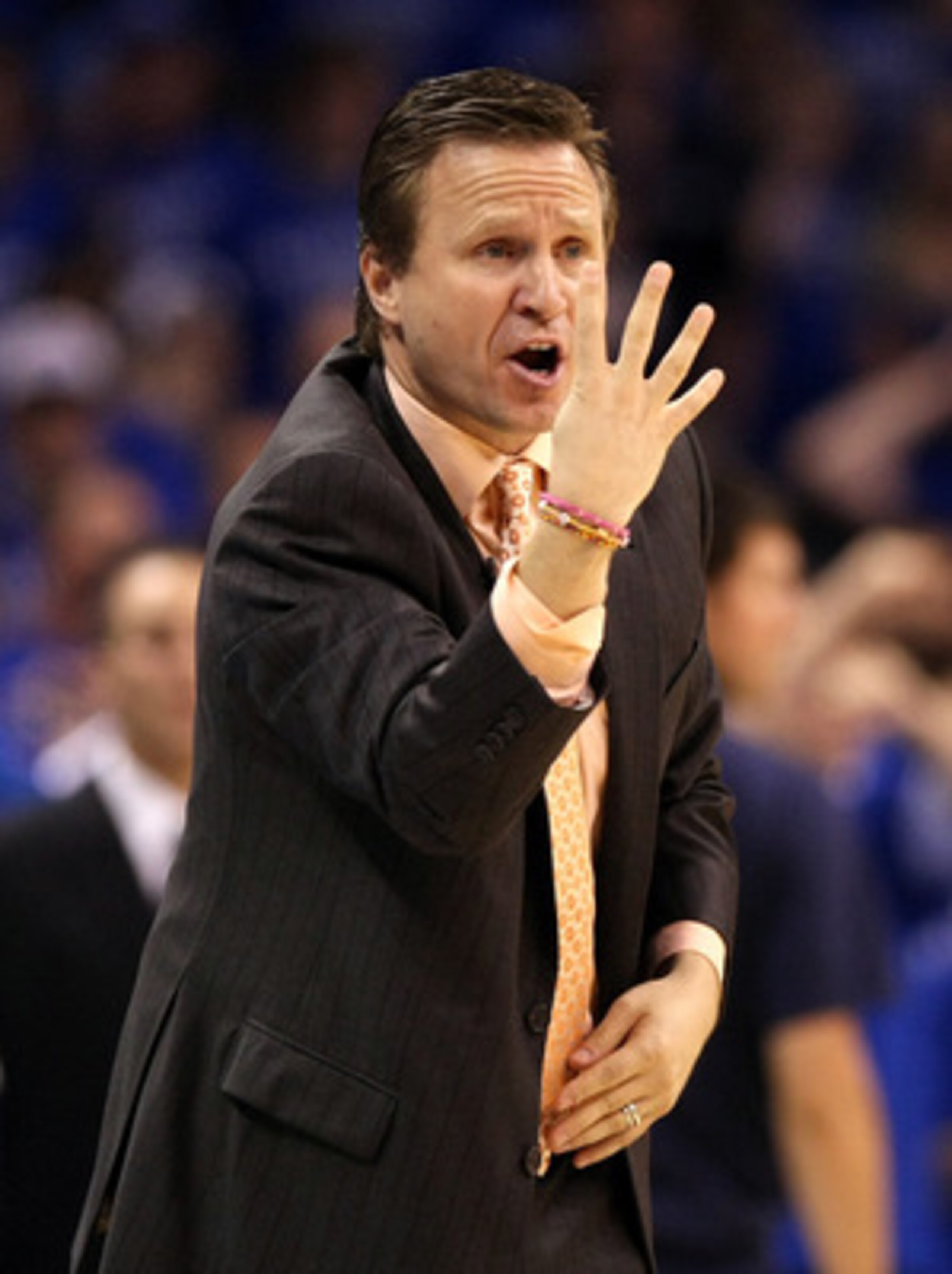 OKLAHOMA CITY, OK - MAY 23:  Head coach Scott Brooks of the Oklahoma City Thunder reacts while taking on the Dallas Mavericks in Game Four of the Western Conference Finals during the 2011 NBA Playoffs at Oklahoma City Arena on May 23, 2011 in Oklahoma Cit