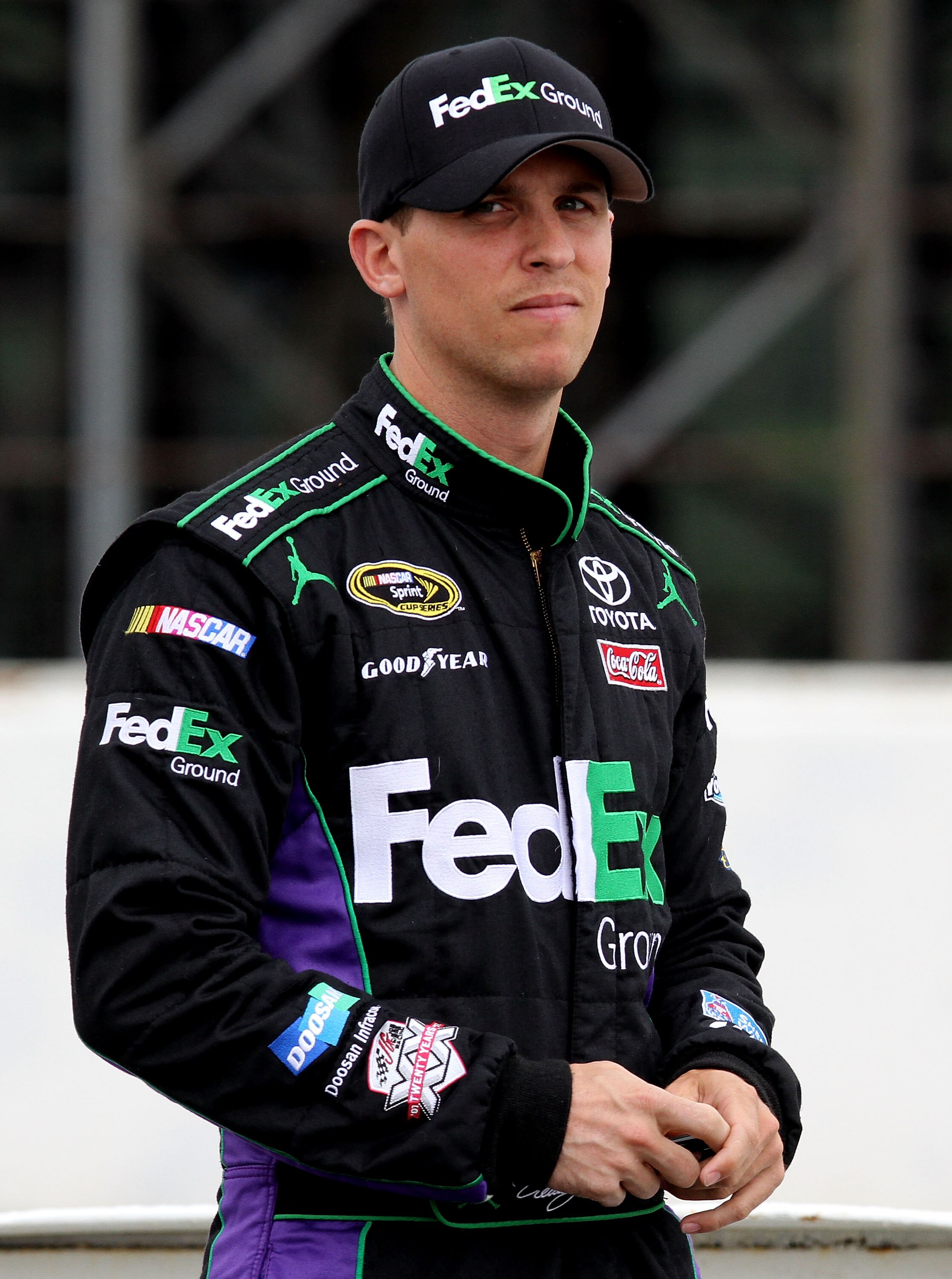 LONG POND, PA - JUNE 11: Denny Hamlin, driver of the #11 FedEx Groun Toyota waits on pit road during qualifying for the NASCAR Sprint Cup Series 5-Hour Energy 500 at Pocono Raceway on June 11, 2011 in Long Pond, Pennsylvania.  (Photo by Jerry Markland/Get