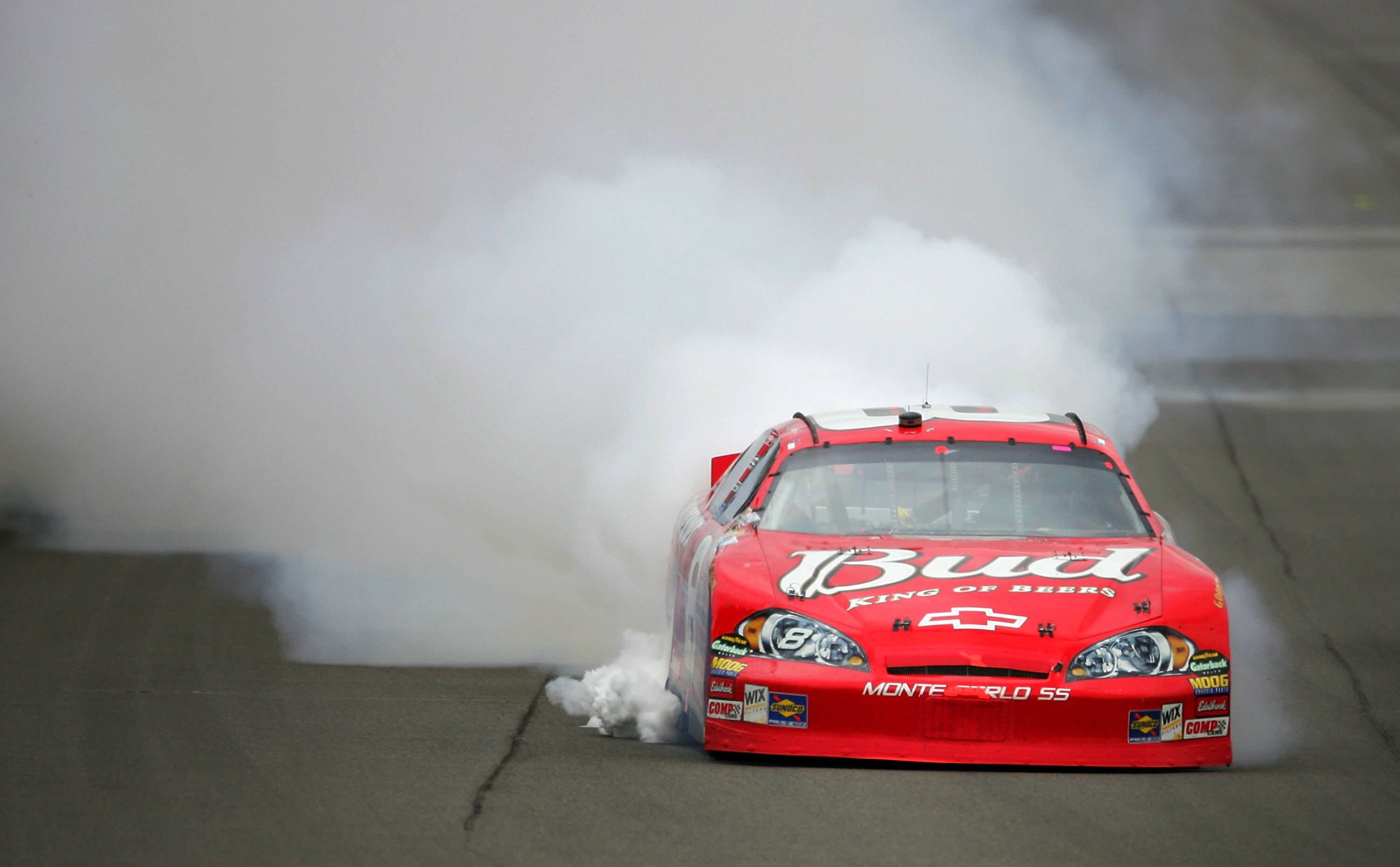 FONTANA, CA - FEBRUARY 25:  Dale Earnhardt Jr., driver of the #8 Budweisewr Chevrolet, blows an engine during the NASCAR Nextel Cup Series Auto Club 500 at California Speedway on February 25, 2007 in Fontana, California.  (Photo by Robert Laberge/Getty Im