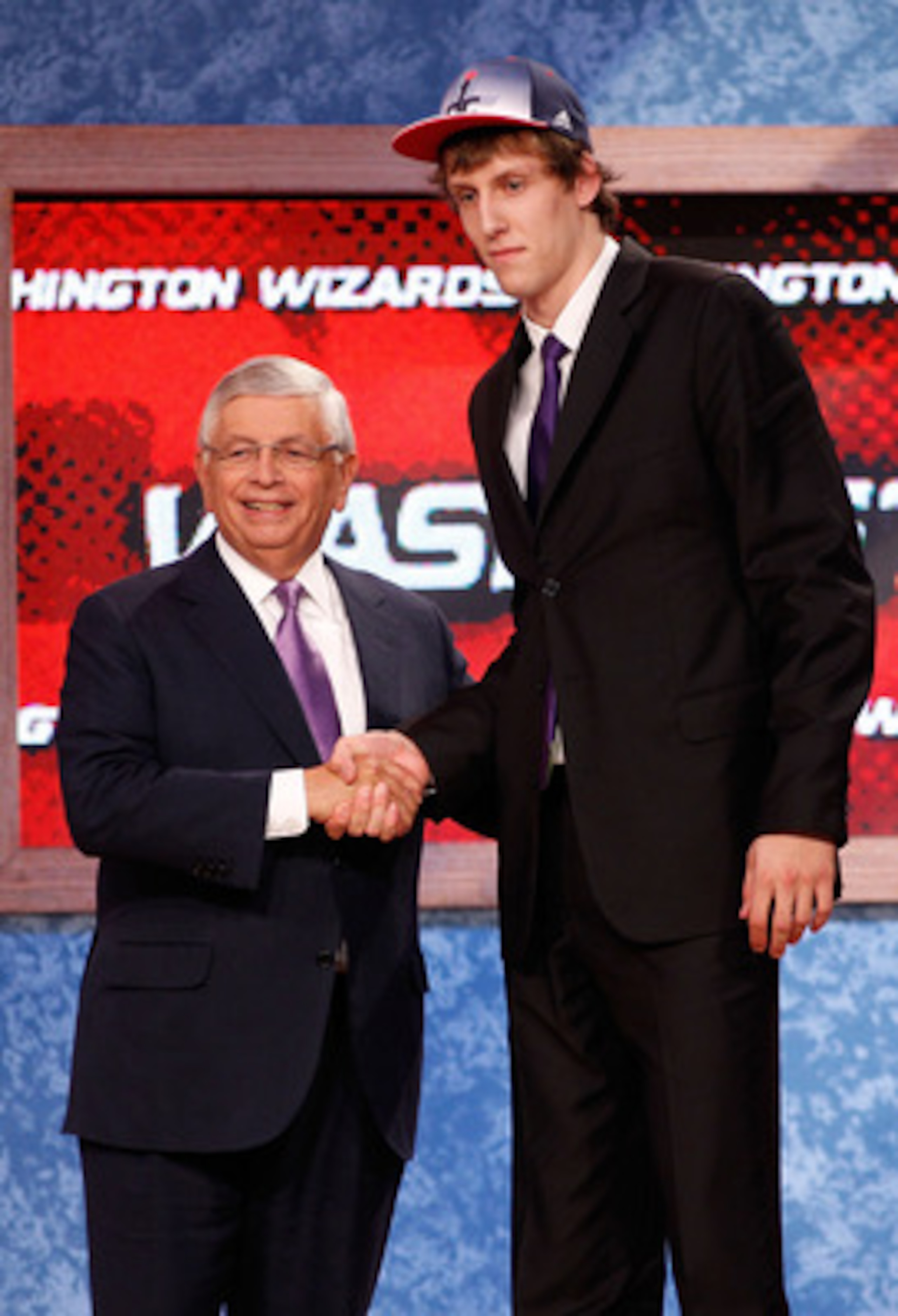NEWARK, NJ - JUNE 23:  Jan Vesely from the Czech Republic greet NBA Commissioner David Stern after he was selected #6 overall by the Washington Wizards in the first round during the 2011 NBA Draft at the Prudential Center on June 23, 2011 in Newark, New J