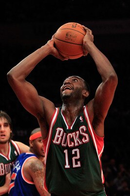 NEW YORK, NY - FEBRUARY 23:  Luc Mbah a Moute #12 of the Milwaukee Bucks goes up to the basket against the New York Knicks at Madison Square Garden on February 23, 2011 in New York City. NOTE TO USER: User expressly acknowledges and agrees that, by downlo