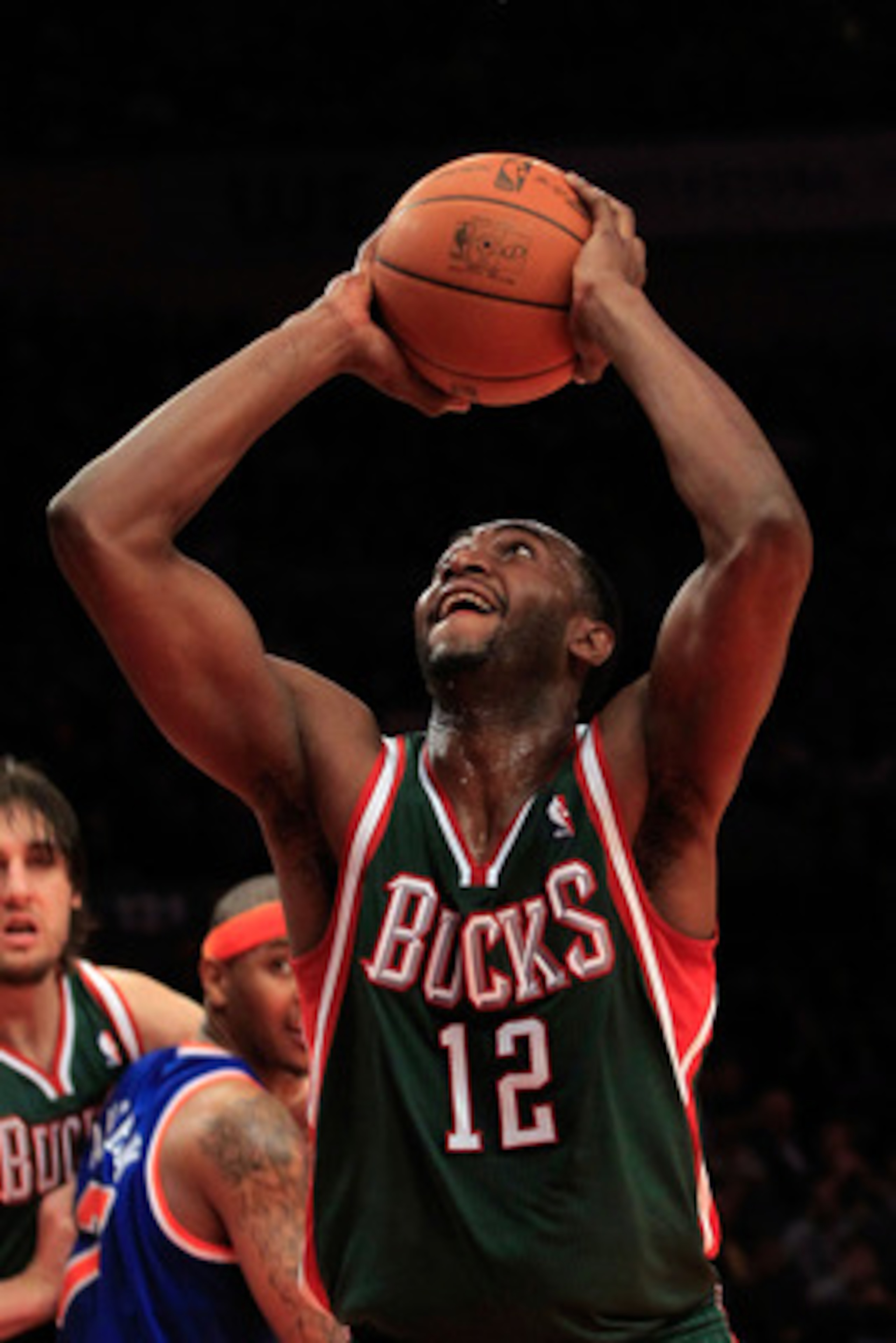 NEW YORK, NY - FEBRUARY 23:  Luc Mbah a Moute #12 of the Milwaukee Bucks goes up to the basket against the New York Knicks at Madison Square Garden on February 23, 2011 in New York City. NOTE TO USER: User expressly acknowledges and agrees that, by downlo