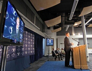 PROVO, UT - SEPTEMBER 1:  BYU  Athletic Director Tom Holmoe announces that BYU football will become independent in football in 2011 separating from the Mountain West Conference, September 1, 2010 in Provo, Utah. The remaining BYU sports will become affili
