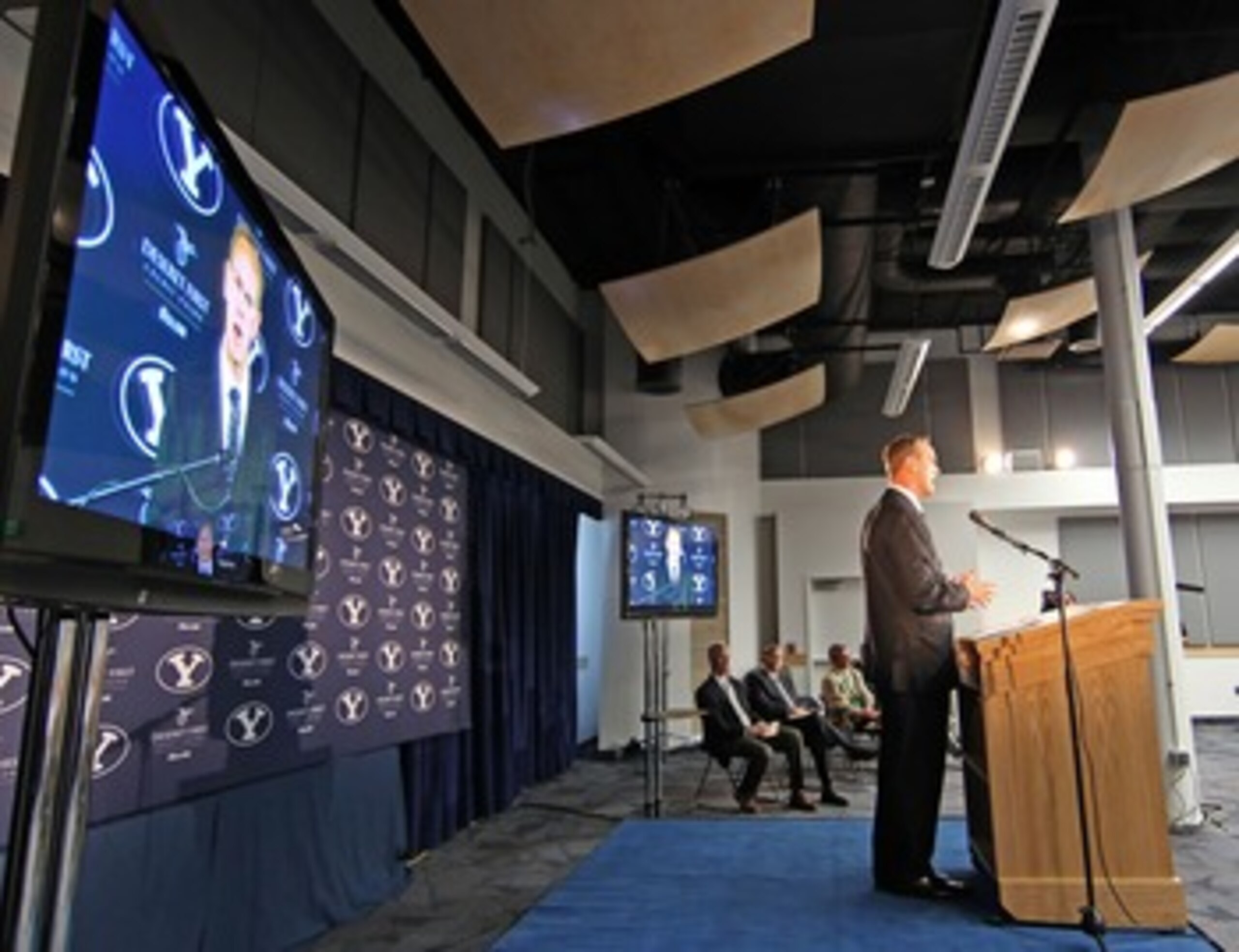 PROVO, UT - SEPTEMBER 1:  BYU  Athletic Director Tom Holmoe announces that BYU football will become independent in football in 2011 separating from the Mountain West Conference, September 1, 2010 in Provo, Utah. The remaining BYU sports will become affili