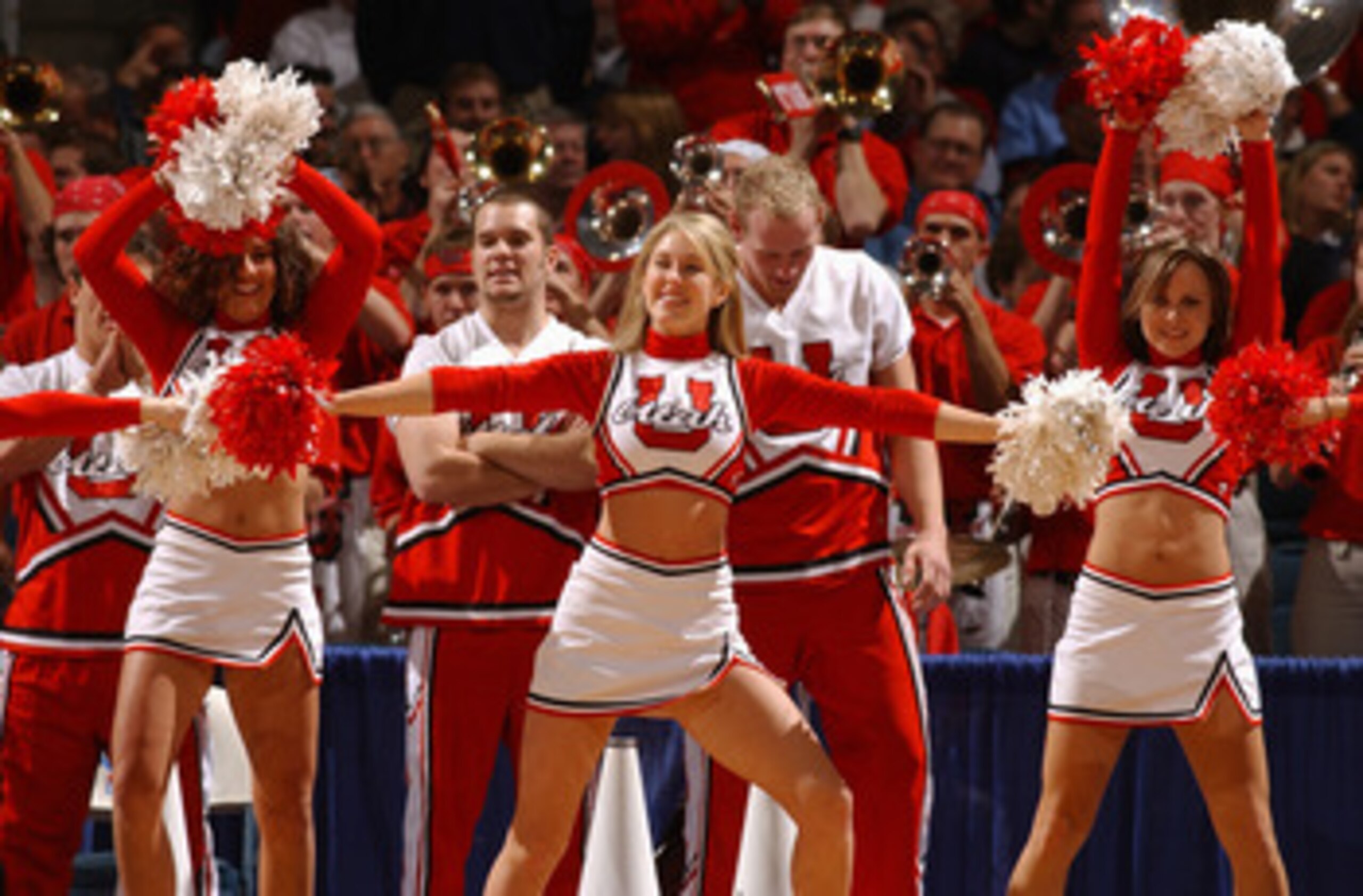 MILWAUKEE - MARCH 19:  The University of Utah Runnin' Utes cheerleaders perform during the first round game of the NCAA Division I Men's Basketball Tournament against the Boston College Eagles at Bradley Center on March 19, 2004 in Milwaukee, Wisconsin. B