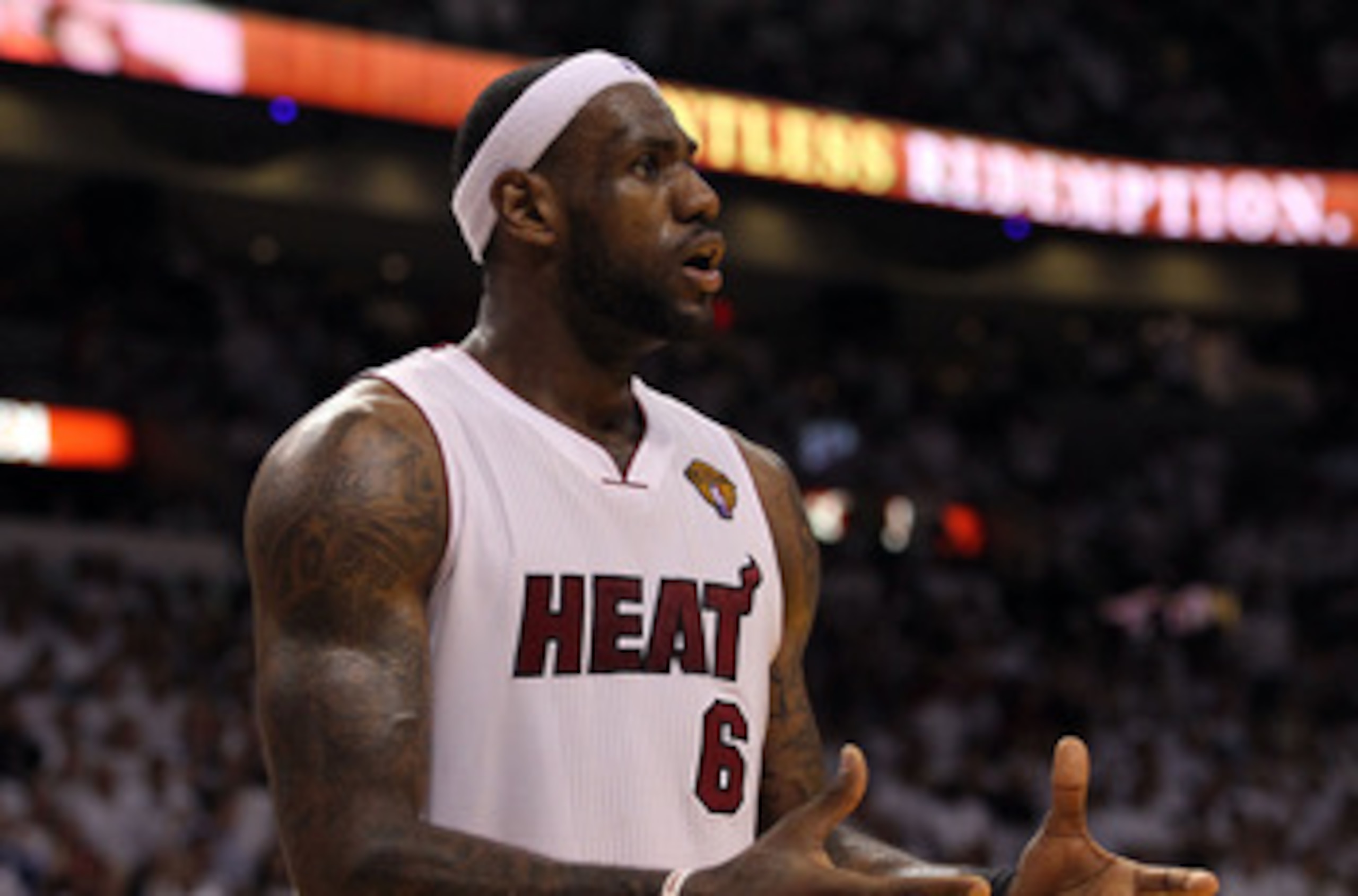 MIAMI, FL - JUNE 12: LeBron James #6 of the Miami Heat reacts against the Dallas Mavericks in Game Six of the 2011 NBA Finals at American Airlines Arena on June 12, 2011 in Miami, Florida. NOTE TO USER: User expressly acknowledges and agrees that, by dow MIAMI, FL - JUNE 12: LeBron James #6 of the Miami Heat reacts against the Dallas Mavericks in Game Six of the 2011 NBA Finals at American Airlines Arena on June 12, 2011 in Miami, Florida. NOTE TO USER: User expressly acknowledges and agrees that, by dow