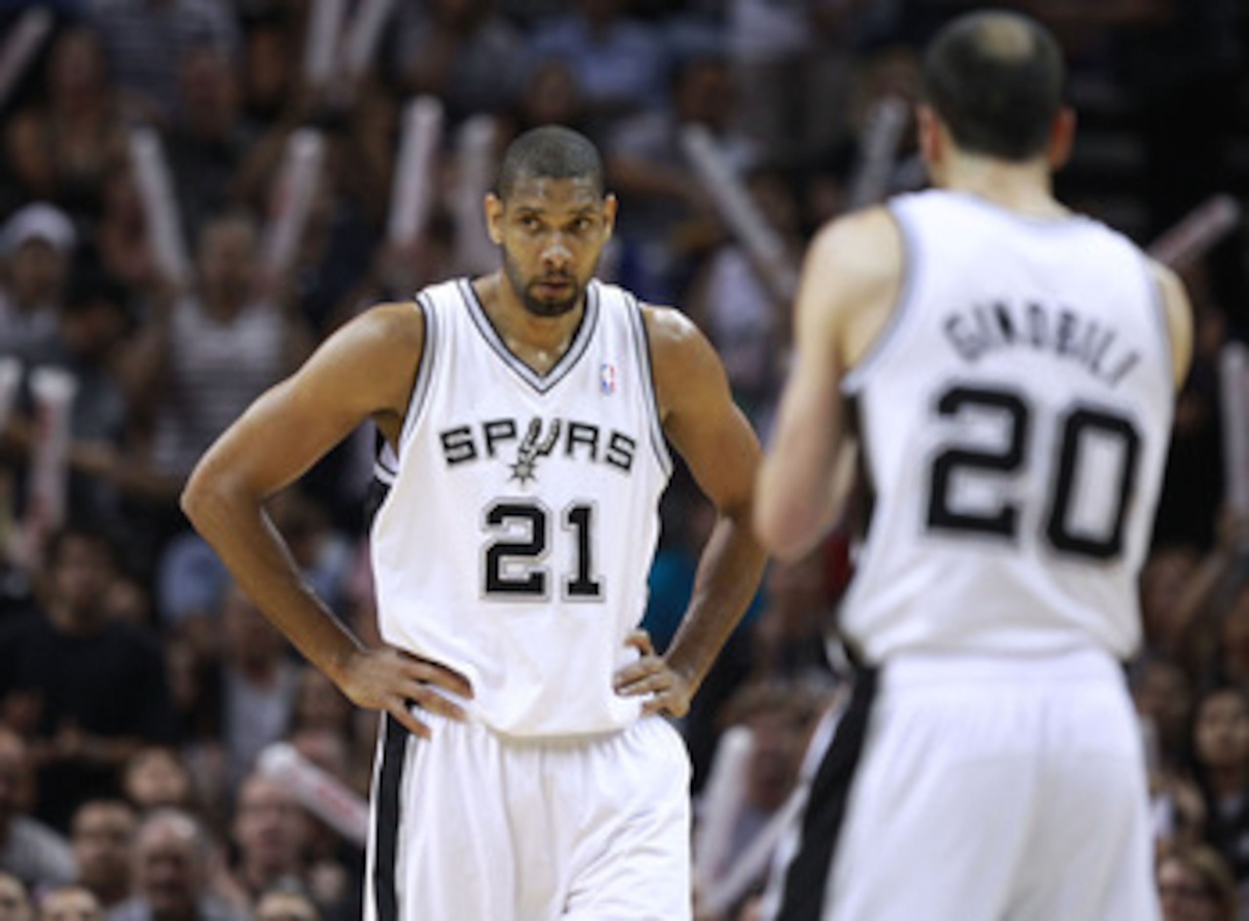 SAN ANTONIO, TX - APRIL 27: Tim Duncan #21 of the San Antionio Spurs looks on against the Memphis Grizzlies in Game Five of the Western Conference Quarterfinals in the 2011 NBA Playoffs on April 27, 2011 at AT&T Center in San Antonio, Texas. NOTE TO USER SAN ANTONIO, TX - APRIL 27: Tim Duncan #21 of the San Antionio Spurs looks on against the Memphis Grizzlies in Game Five of the Western Conference Quarterfinals in the 2011 NBA Playoffs on April 27, 2011 at AT&T Center in San Antonio, Texas. NOTE TO USER