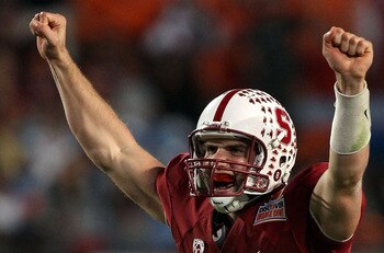 MIAMI, FL - JANUARY 03:  Andrew Luck #12 of the Stanford Cardinal celebrates after he threw a 38-yard touchdown pass in the fourth quarter against the Virginai Tech Hokies during the 2011 Discover Orange Bowl at Sun Life Stadium on January 3, 2011 in Miam
