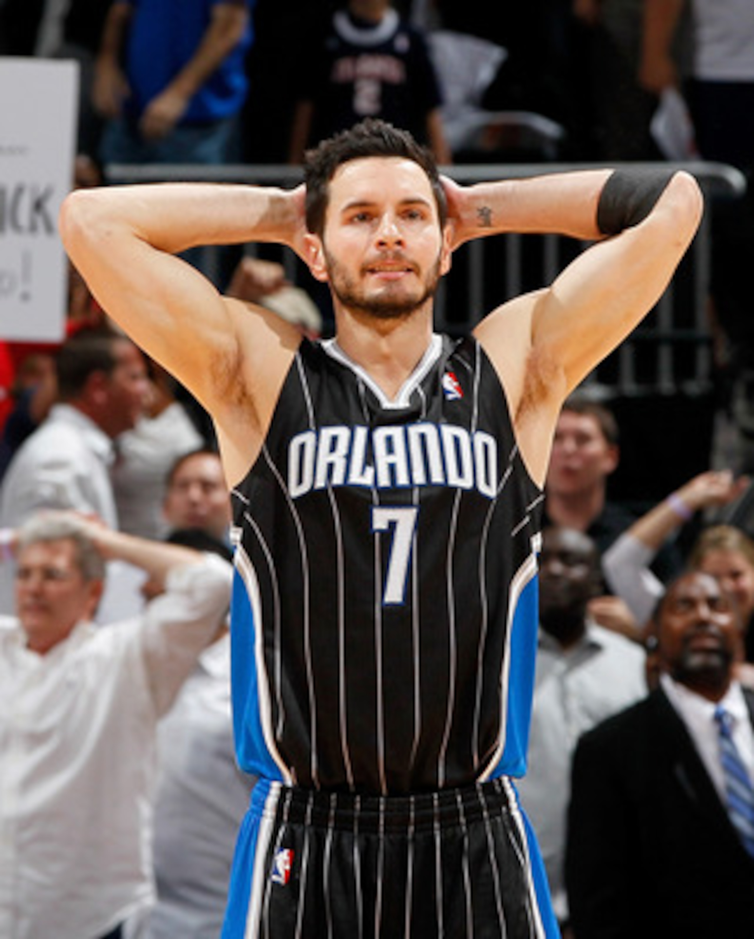 ATLANTA, GA - APRIL 28:  J.J. Redick #7 of the Orlando Magic reacts after missing a game-tying three-point basket in the final seconds against the Atlanta Hawks during Game Six of the Eastern Conference Quarterfinals in the 2011 NBA Playoffs at Philips Ar