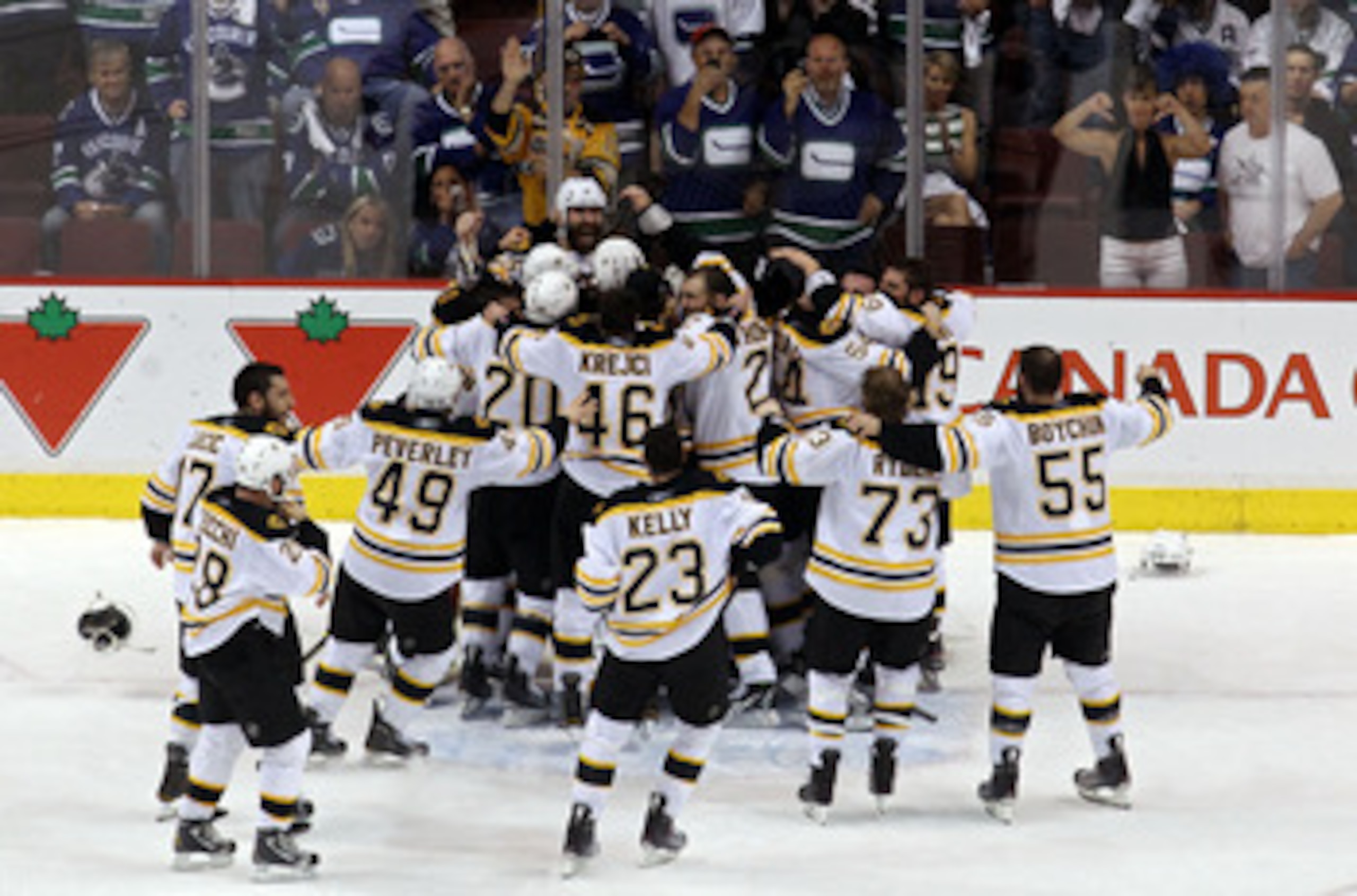 VANCOUVER, BC - JUNE 15: The Boston Bruins celebrates after defeating the Vancouver Canucks in Game Seven of the 2011 NHL Stanley Cup Final at Rogers Arena on June 15, 2011 in Vancouver, British Columbia, Canada. The Boston Bruins defeated the Vancouver VANCOUVER, BC - JUNE 15: The Boston Bruins celebrates after defeating the Vancouver Canucks in Game Seven of the 2011 NHL Stanley Cup Final at Rogers Arena on June 15, 2011 in Vancouver, British Columbia, Canada. The Boston Bruins defeated the Vancouver
