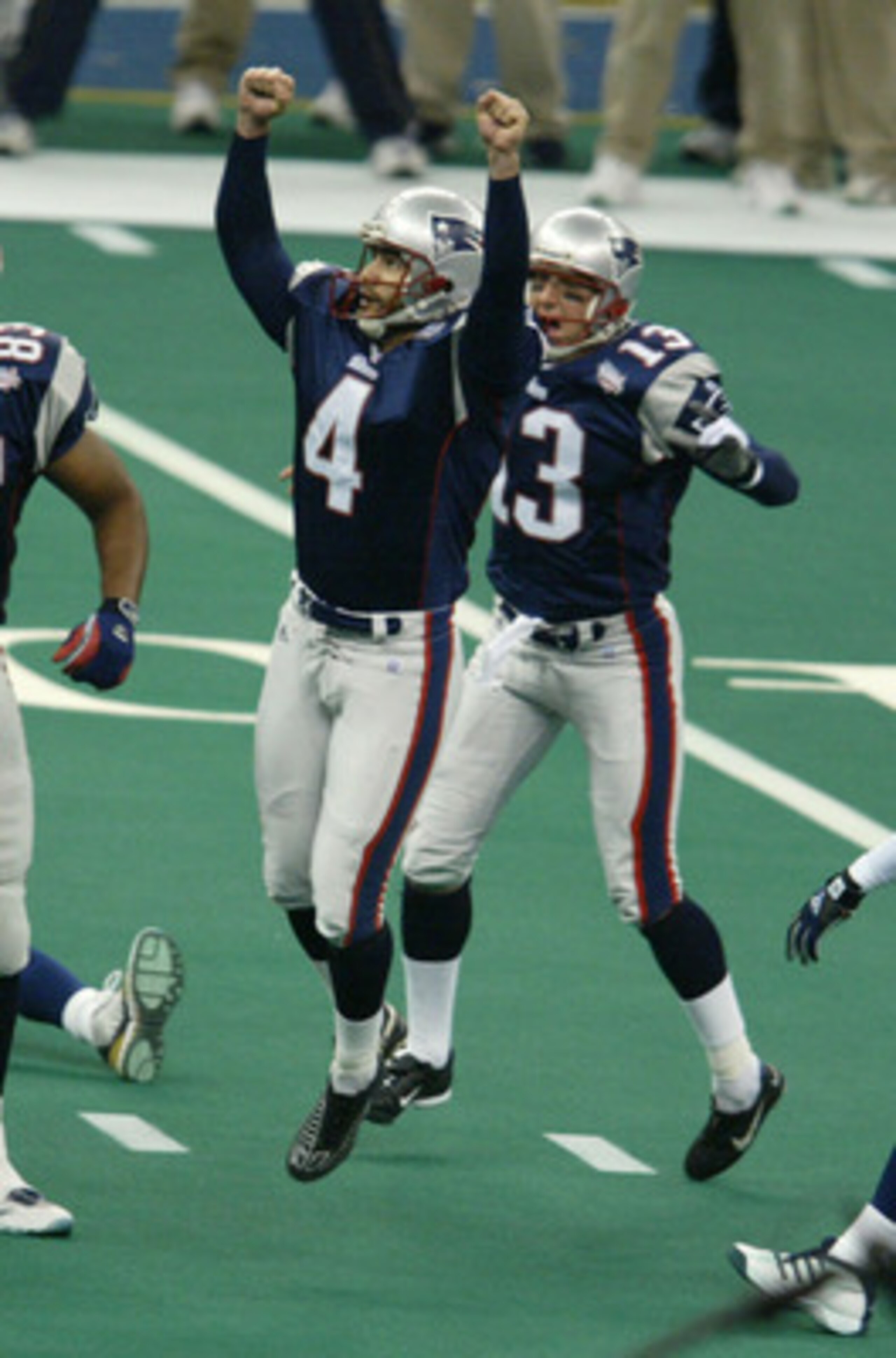 03 Feb 2002: Adam Vinatieri #4 of the New England Patriots breaks into celebration after kicking the game winning field goal against the St.Louis Rams during Superbowl XXXVI at the Superdome in New Orleans, Louisiana. The Patriots defeated the Rams 20- 03 Feb 2002: Adam Vinatieri #4 of the New England Patriots breaks into celebration after kicking the game winning field goal against the St.Louis Rams during Superbowl XXXVI at the Superdome in New Orleans, Louisiana. The Patriots defeated the Rams 20-