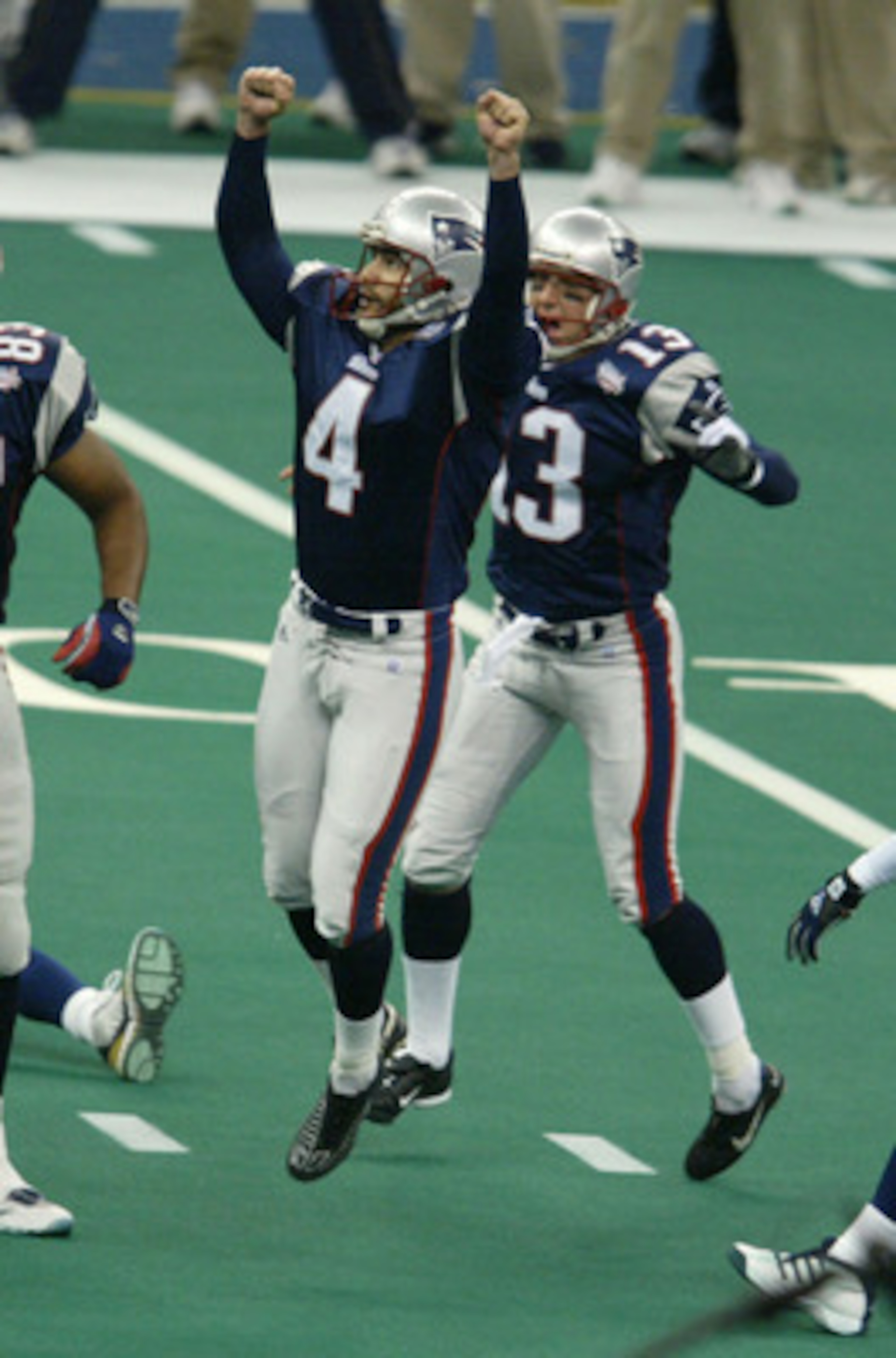 03 Feb 2002: Adam Vinatieri #4 of the New England Patriots breaks into celebration after kicking the game winning field goal against the St.Louis Rams during Superbowl XXXVI at the Superdome in New Orleans, Louisiana. The Patriots defeated the Rams 20- 03 Feb 2002: Adam Vinatieri #4 of the New England Patriots breaks into celebration after kicking the game winning field goal against the St.Louis Rams during Superbowl XXXVI at the Superdome in New Orleans, Louisiana. The Patriots defeated the Rams 20-