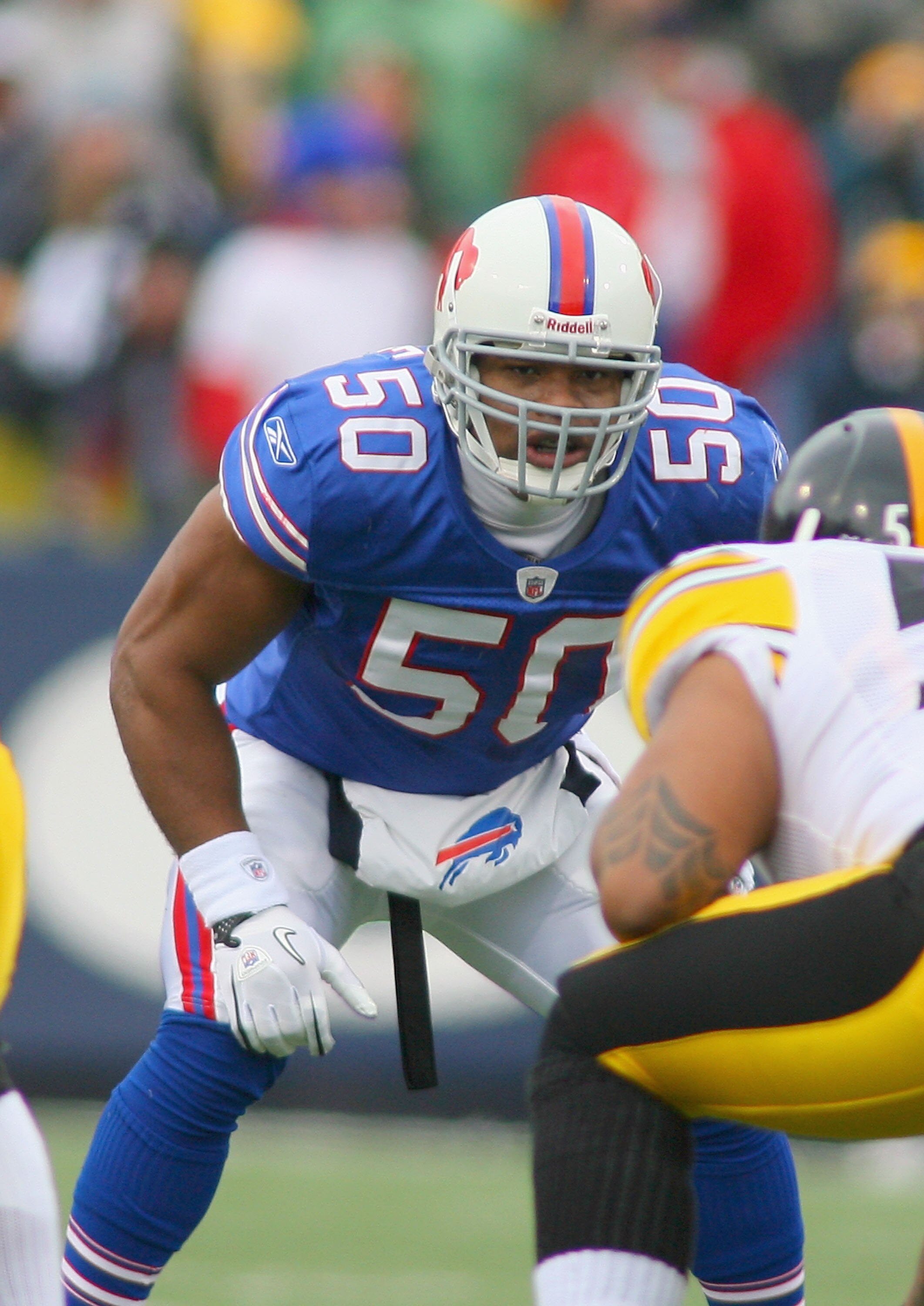 ORCHARD PARK, NY - NOVEMBER 28: Akin Ayodele #50 of the Buffalo Bills plays against the Pittsburgh Steelers at Ralph Wilson Stadium on November 28, 2010 in Orchard Park, New York. Pittsburgh won 19-16 in overtime.  (Photo by Rick Stewart/Getty Images)