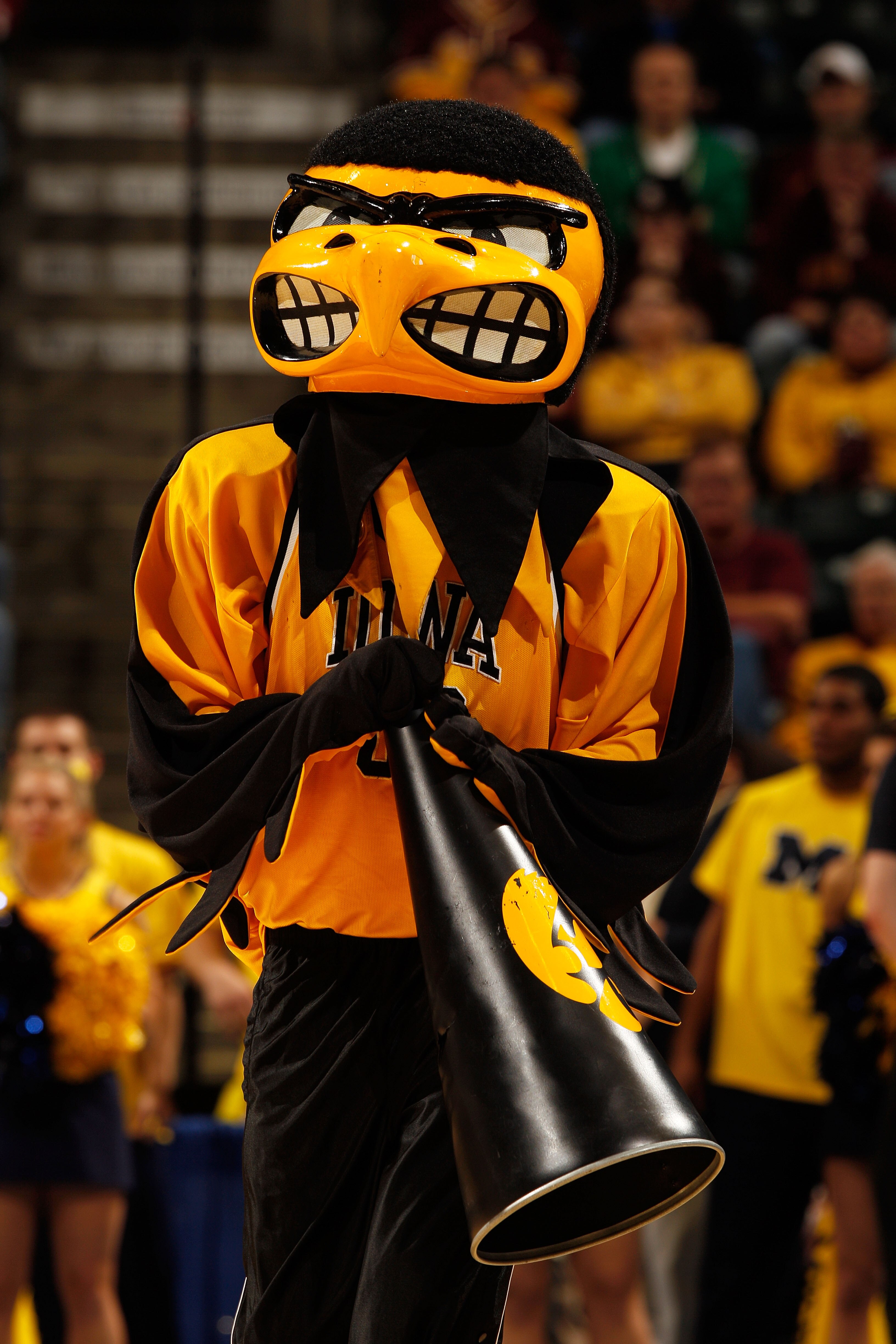 INDIANAPOLIS - MARCH 11:  'Herky', mascot of the Iowa Hawkeyes performs during the game against the Michigan Wolverines in the first round of the Big Ten Men's Basketball Tournament at Conseco Fieldhouse on March 11, 2010 in Indianapolis, Indiana.  (Photo