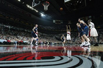 PORTLAND - APRIL 27:  Rasheed Wallace #30 of the Portland Trail Blazers shoots a free throw against the Dallas Mavericks in Game four of the Western Conference Quarterfinals during the 2003 NBA Playoffs at the Rose Garden on April 27, 2003 in Portland, Or