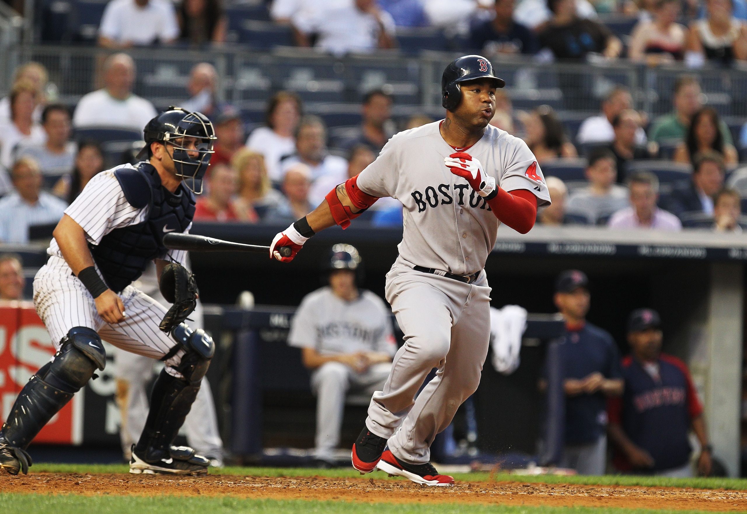 NEW YORK, NY - JUNE 08:  Carl Crawford #13 of the Boston Red Sox in action during their game on June 8, 2011 at Yankee Stadium in the Bronx borough of New York City.  (Photo by Al Bello/Getty Images)