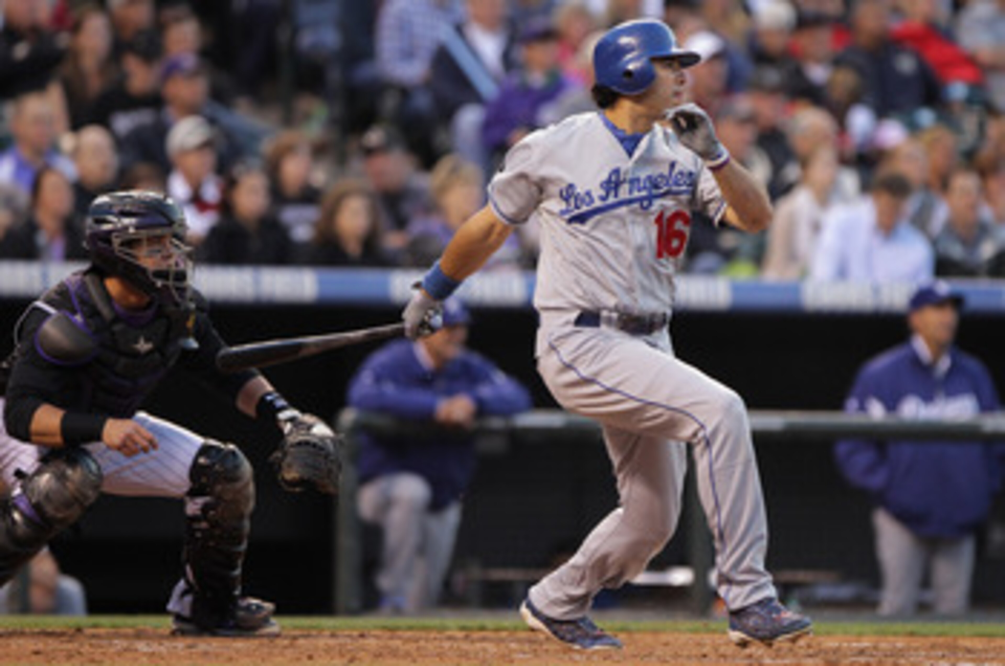 DENVER, CO - JUNE 09:  Andre Ethier #16 of the Los Angeles Dodgers singles to score Clayton Kershaw in the fifth inning against the Colorado Rockies at Coors Field on June 9, 2011 in Denver, Colorado.  (Photo by Doug Pensinger/Getty Images)