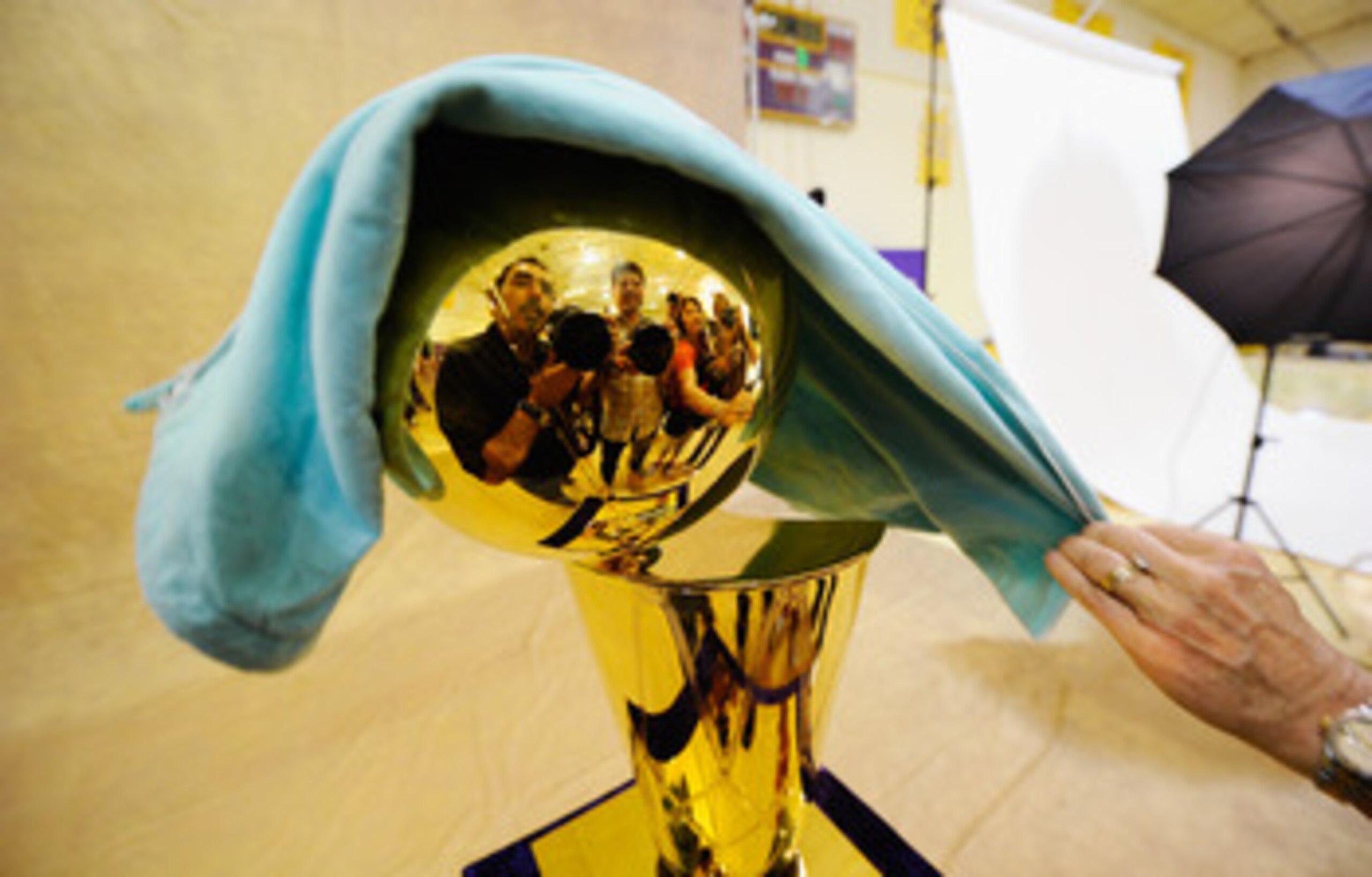 EL SEGUNDO, CA - SEPTEMBER 25:  NBA Finals Larry O'Brien Championship Trophy is covered with a protective cloth as it rest on a stand during Los Angeles Lakers Media Day at the Toyota Center on September 25, 2010 in El Segundo, California. NOTE TO USER: U