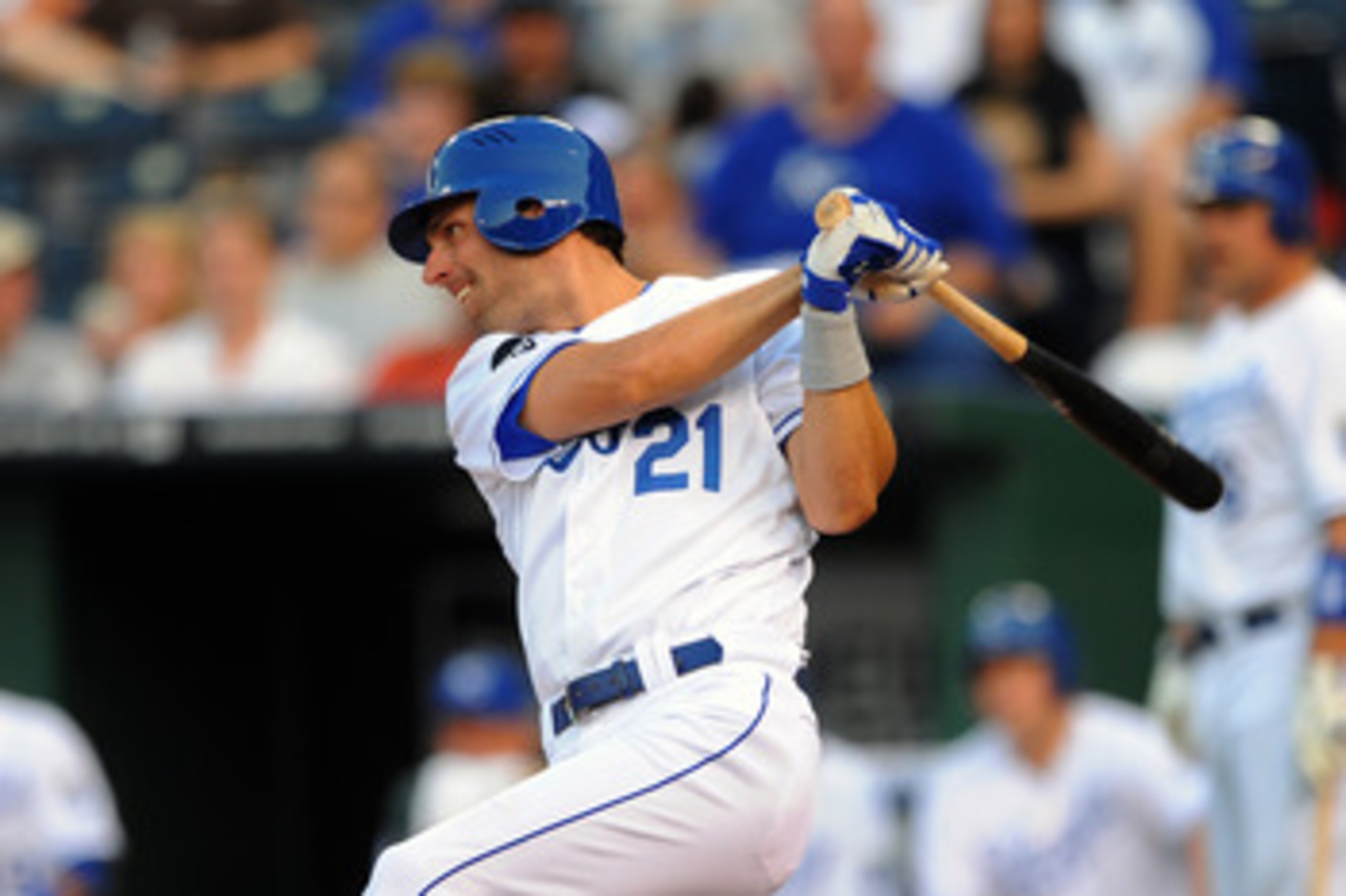 KANSAS CITY, MO - JUNE 7:  Jeff Francoeur #21 of the Kansas City Royals singles to drive home Eric Hosmer in the third inning against the Toronto Blue Jays at Kauffman Stadium on June 7, 2011 in Kansas City, Missouri. (Photo by G. Newman Lowrance/Getty Im