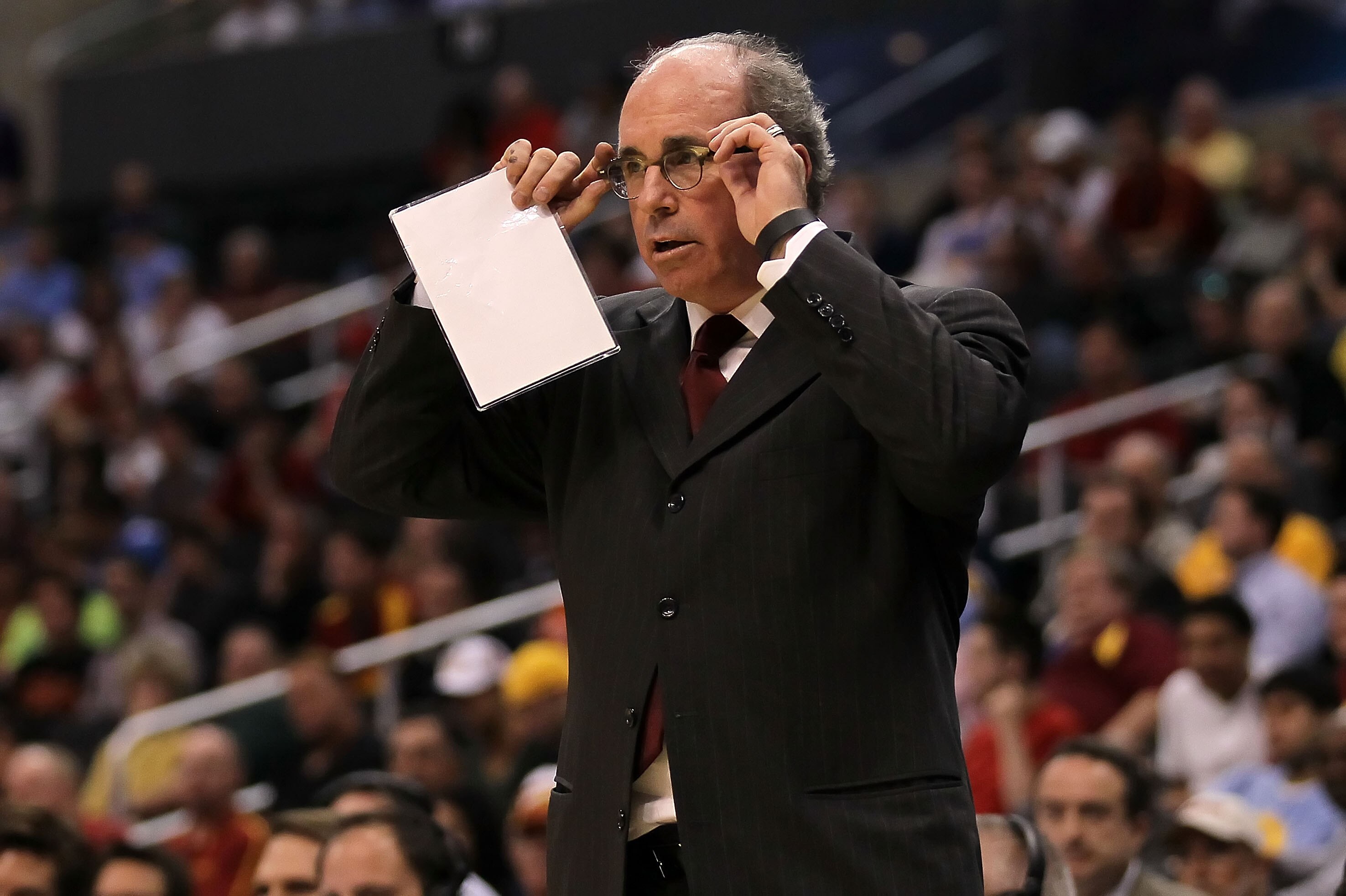 LOS ANGELES, CA - MARCH 10:  Head coach Kevin O'Neill of the USC Trojans reacts while taking on the California Golden Bears in the quarterfinals of the 2011 Pacific Life Pac-10 Men's Basketball Tournament at Staples Center on March 10, 2011 in Los Angeles