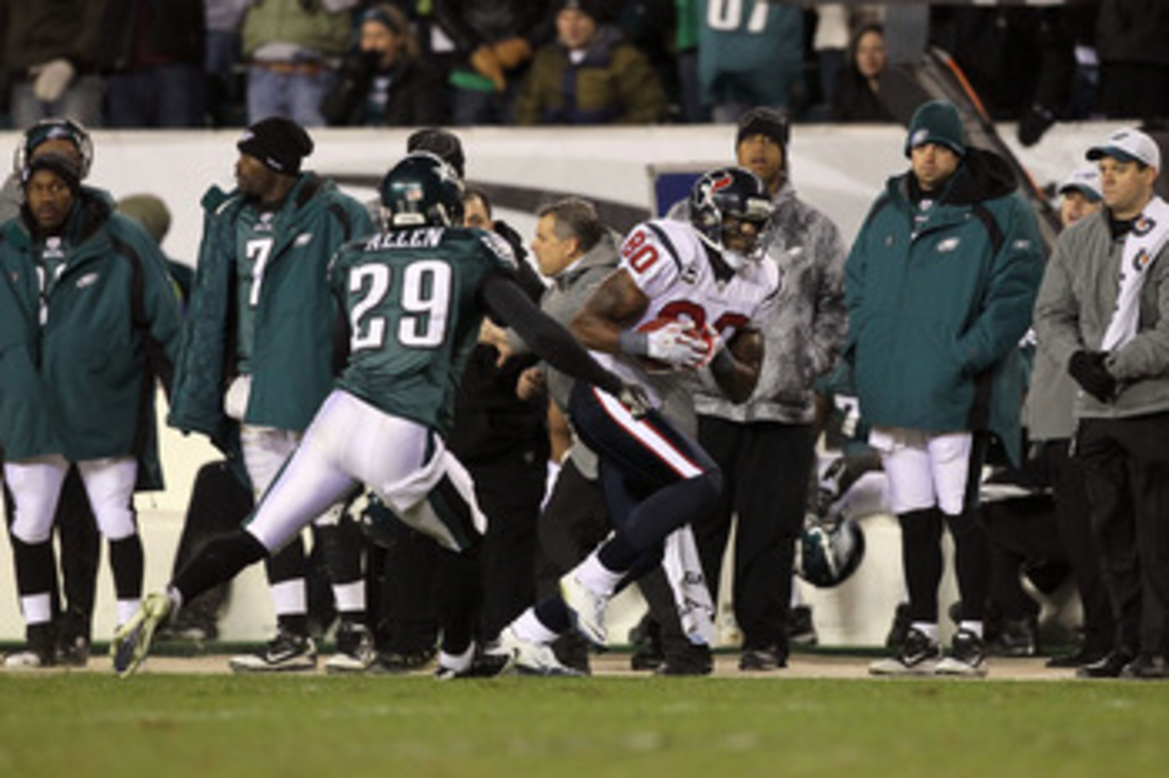 PHILADELPHIA, PA - DECEMBER 02: Andre Johnson #80 of the Houston Texans runs for yards after the catch against Nate Allen #29 of the Philadelphia Eagles at Lincoln Financial Field on December 2, 2010 in Philadelphia, Pennsylvania. (Photo by Jim McIsaac/ PHILADELPHIA, PA - DECEMBER 02: Andre Johnson #80 of the Houston Texans runs for yards after the catch against Nate Allen #29 of the Philadelphia Eagles at Lincoln Financial Field on December 2, 2010 in Philadelphia, Pennsylvania. (Photo by Jim McIsaac/