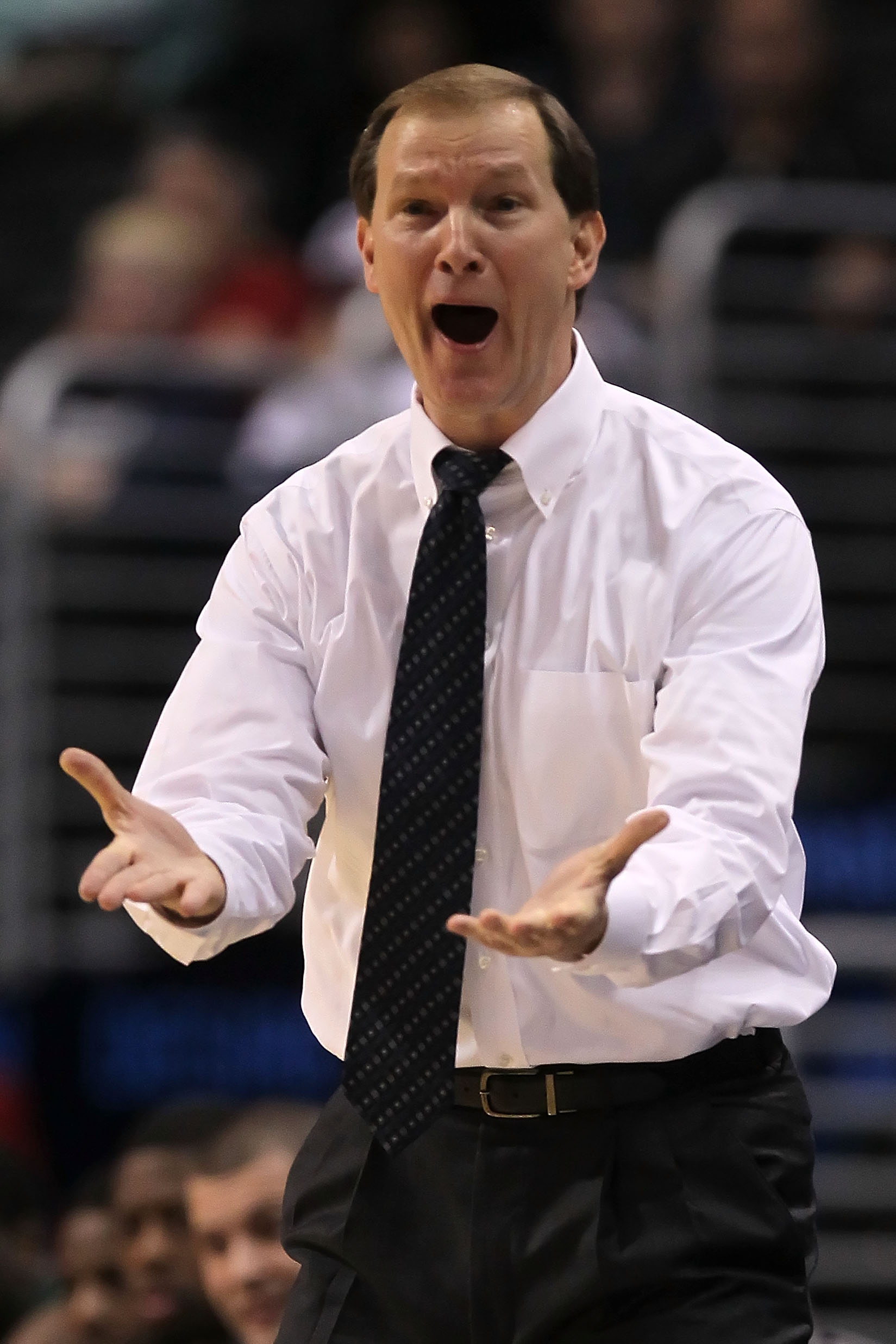 LOS ANGELES, CA - MARCH 11:  Head coach Dana Altman of the Oregon Ducks reacts in the first half while taking on the Washington Huskies in the semifinals of the 2011 Pacific Life Pac-10 Men's Basketball Tournament at Staples Center on March 11, 2011 in Lo