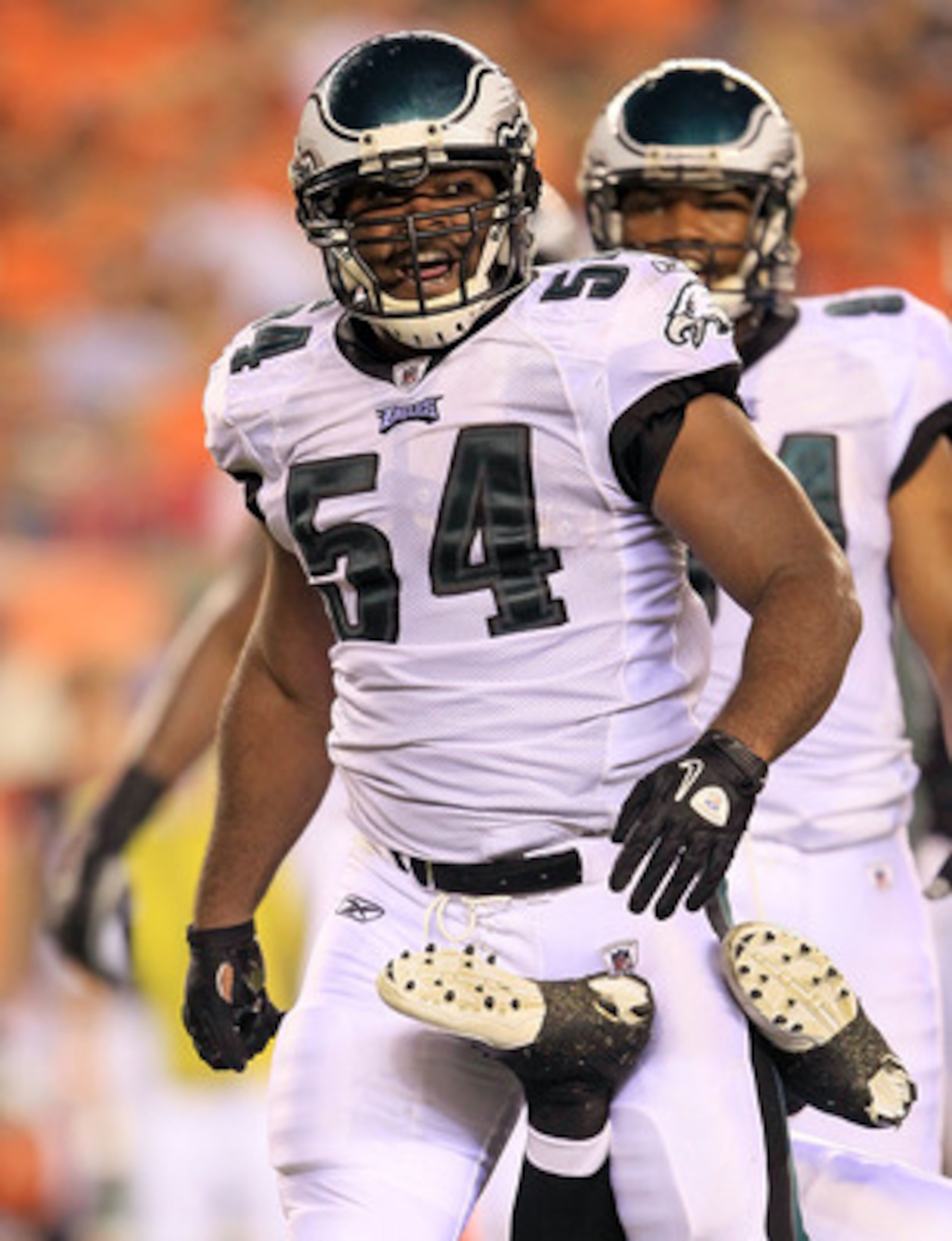 CINCINNATI - AUGUST 20:  Brandon Graham #54 of the Philadelphia Eagles celebrates after making a tackle during the NFL preseason game against the Cincinnati Bengals at Paul Brown Stadium on August 20, 2010 in Cincinnati, Ohio.  (Photo by Andy Lyons/Getty