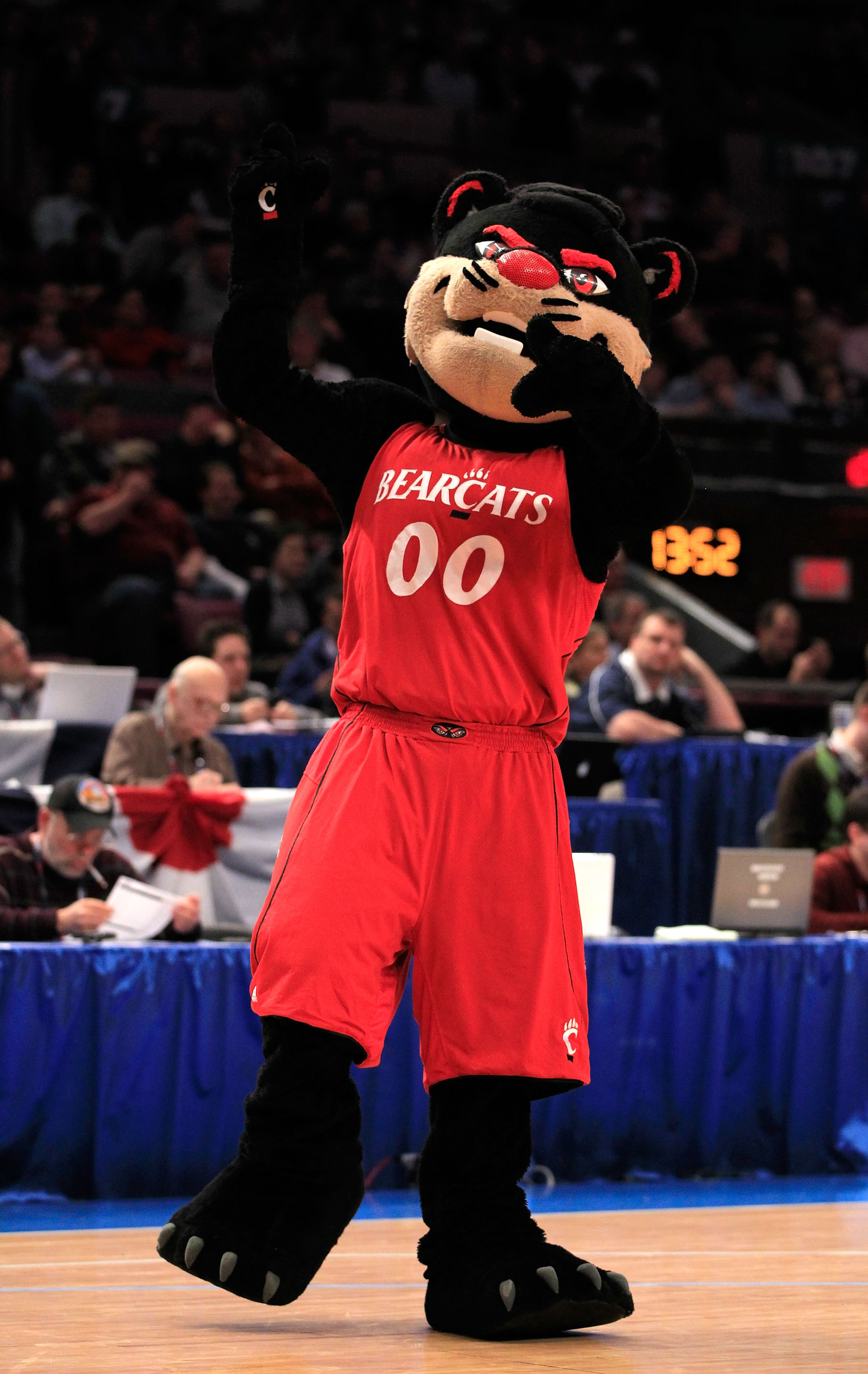 NEW YORK, NY - MARCH 10: The Cincinnati Bearcats mascot gestures while on the court during the game against the Notre Dame Fighting Irish during the quarterfinals of the 2011 Big East Men's Basketball Tournament presented by American Eagle Outfitters  at