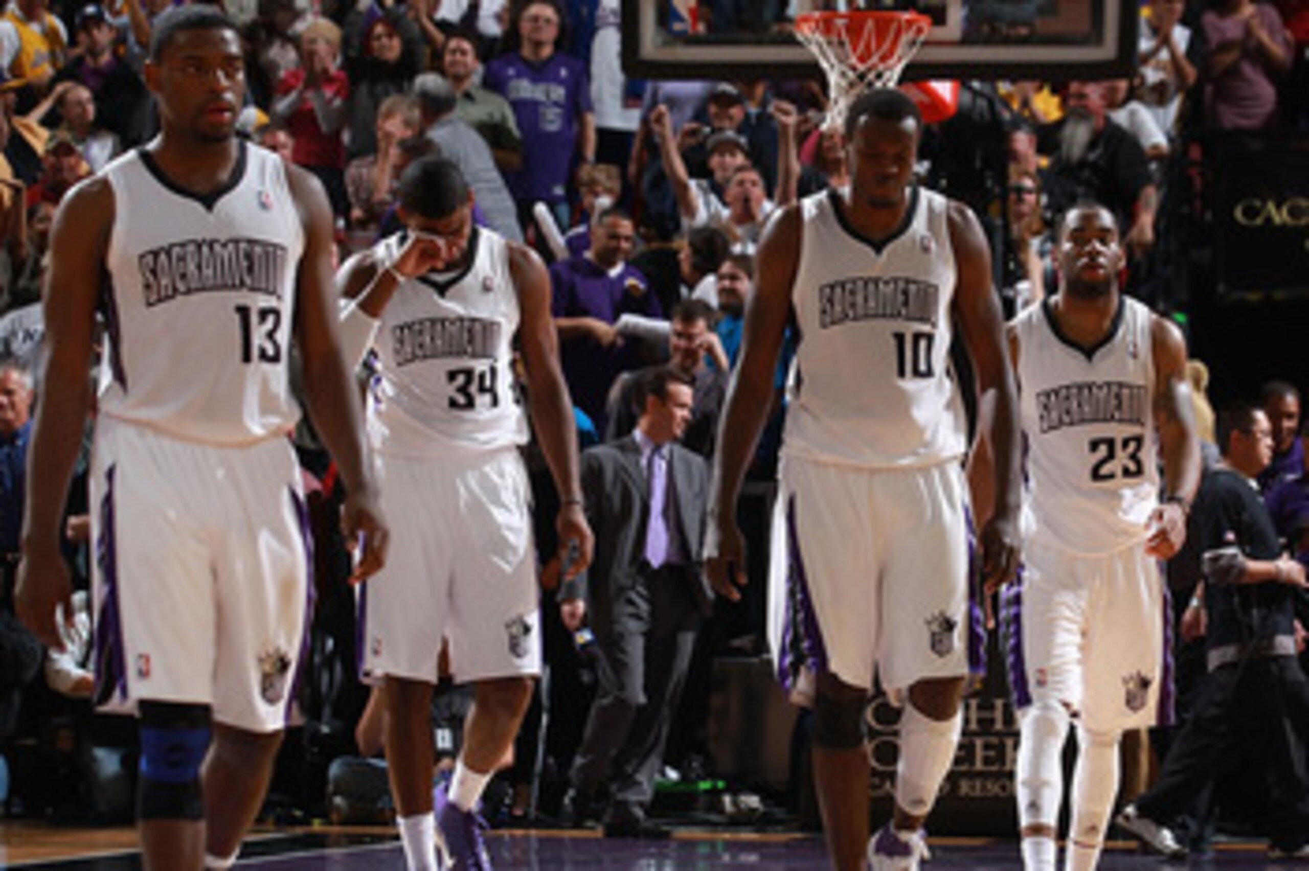 SACRAMENTO, CA - APRIL 13:  Members of the Sacramento Kings look on against the Los Angeles Lakers on April 13, 2011 at Power Balence Pavilion in Sacramento, California. NOTE TO USER: User expressly acknowledges and agrees that, by downloading and/or usin