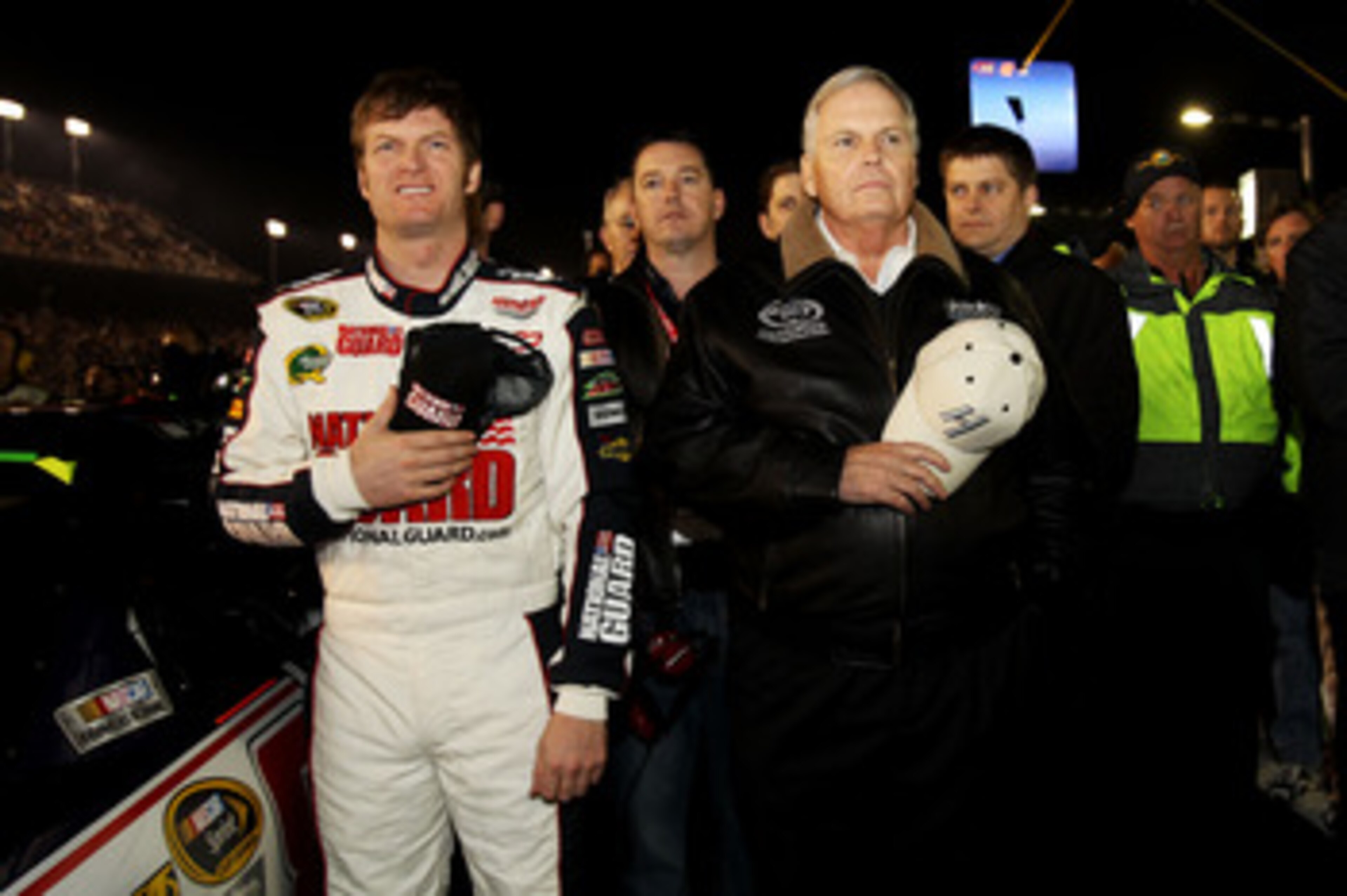 DAYTONA BEACH, FL - FEBRUARY 12:  Dale Earnhardt Jr., driver of the #88 National Guard/AMP Energy Chevrolet, stands with team owner Rick Hendrick during the NASCAR Budweiser Shootout at Daytona International Speedway on February 12, 2011 in Daytona Beach,