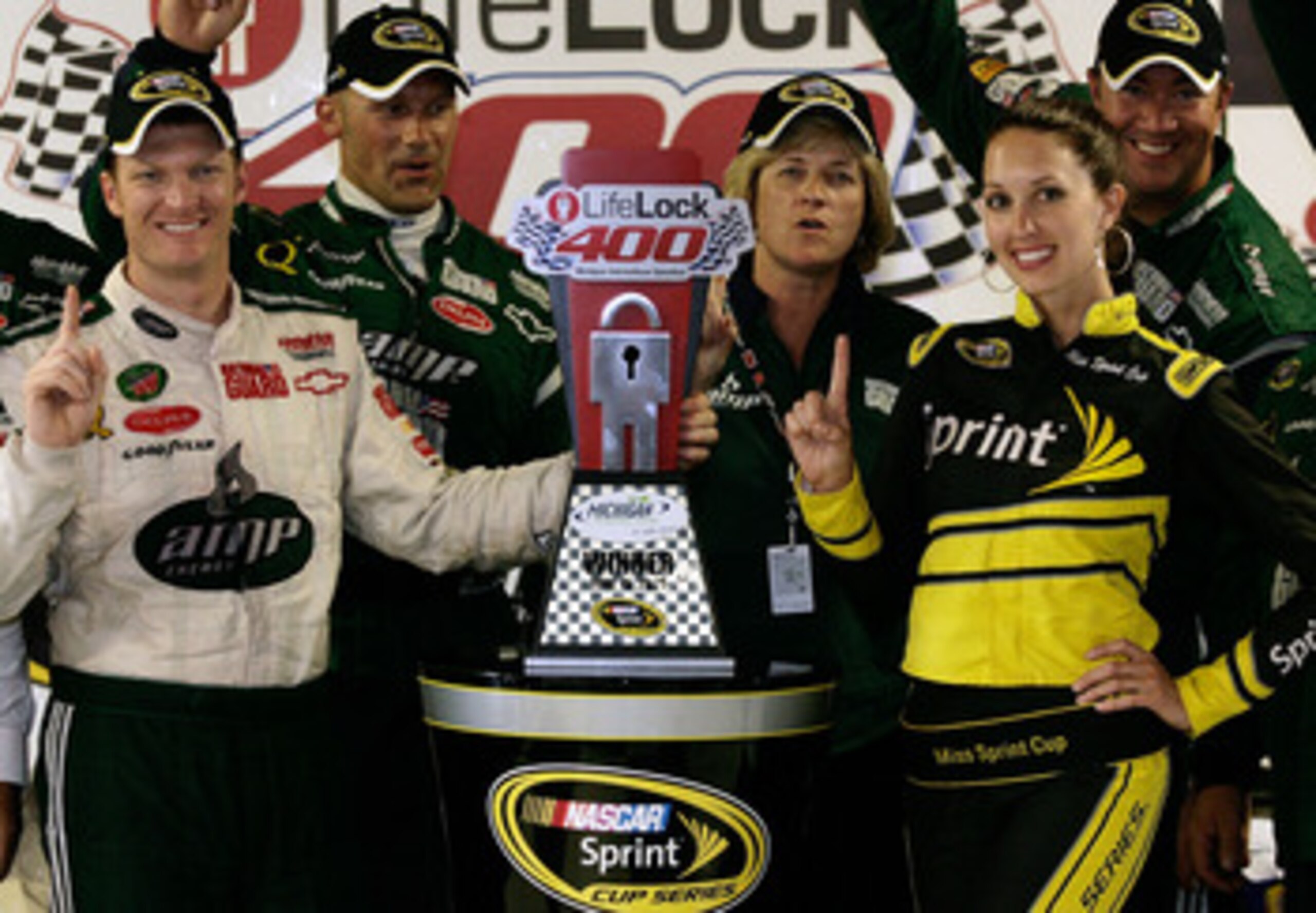 BROOKLYN, MI - JUNE 15: Dale Earnhardt Jr., driver of the #88 National Guard/AMP Energy Chevrolet celebrates in Victory Lane after winning the NASCAR Sprint Cup Series Lifelock 400 at the Michigan International Speedway on June 15, 2008 in Brooklyn, Mich BROOKLYN, MI - JUNE 15: Dale Earnhardt Jr., driver of the #88 National Guard/AMP Energy Chevrolet celebrates in Victory Lane after winning the NASCAR Sprint Cup Series Lifelock 400 at the Michigan International Speedway on June 15, 2008 in Brooklyn, Mich