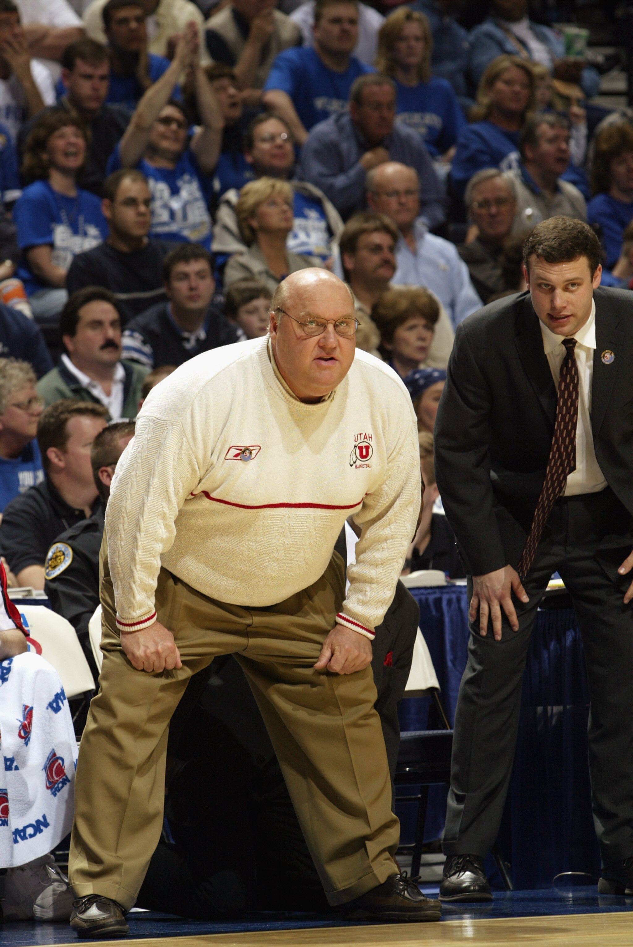 NASHVILLE, TN - MARCH 23:  Head coach Rick Majerus of Utah looks on from the sideline during second round game of the NCAA Tournament against Kentucky on March 23, 2003 at the Gaylord Entertainment Center in Nashville, Tennessee. Kentucky defeated Utah 74