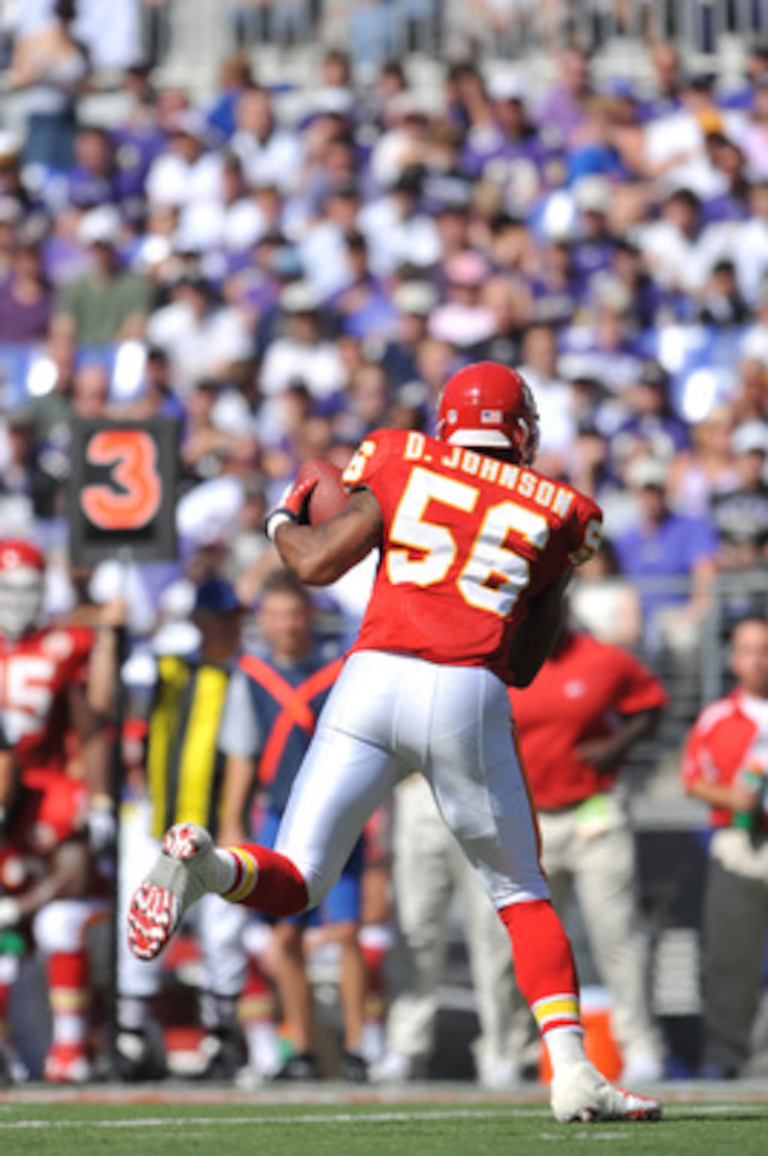 BALTIMORE - SEPTEMBER 13:  Derrick Johnson #56 of the Kansas City Chiefs intercepts a pass against the Baltimore Ravens at M&T Bank Stadium on September 13, 2009 in Baltimore, Maryland. The Ravens defeated the Chiefs 38-24. (Photo by Larry French/Getty Im