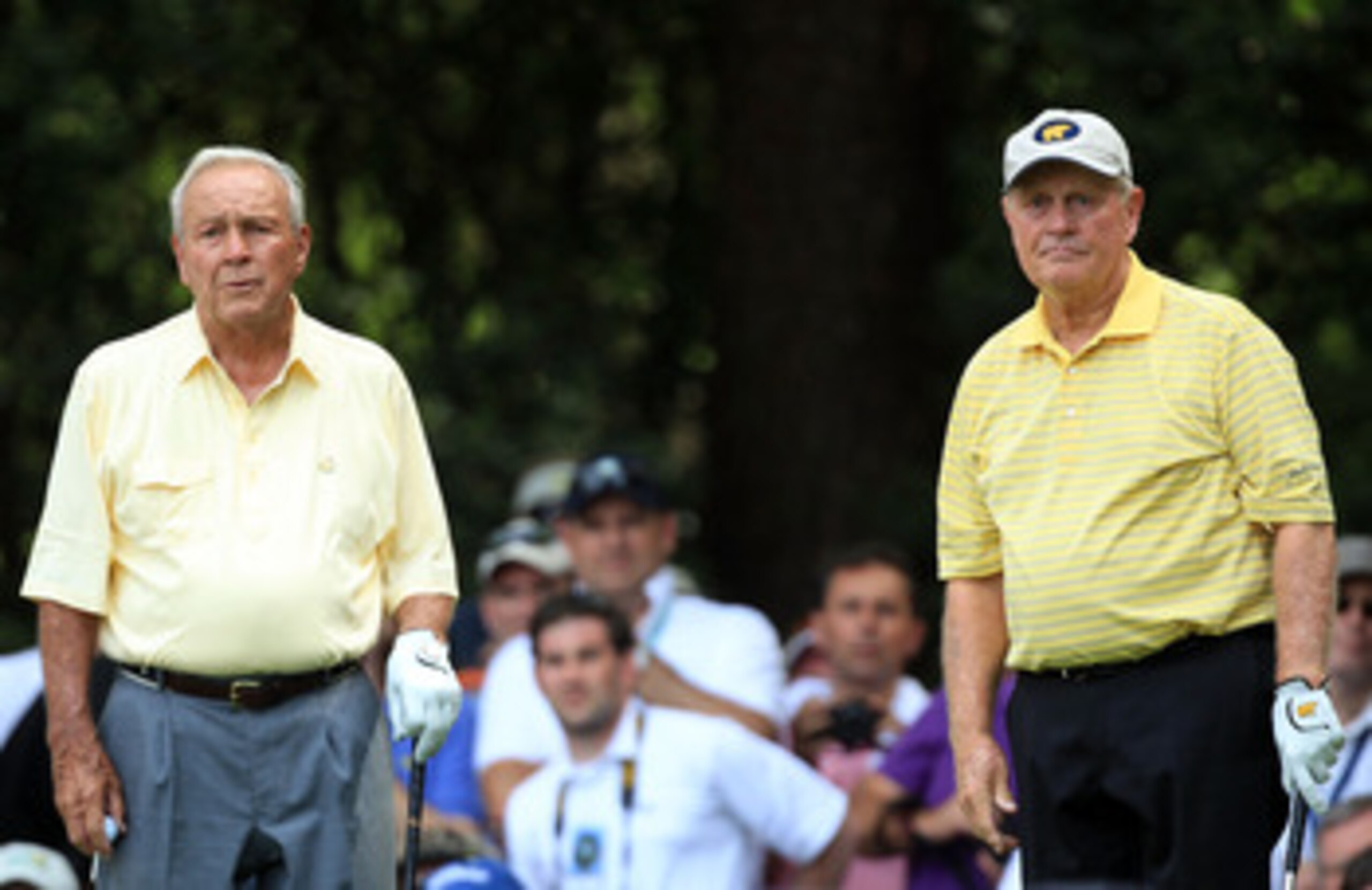 AUGUSTA, GA - APRIL 07:  Arnold Palmer and Jack Nicklaus look on during the Par 3 Contest prior to the 2010 Masters Tournament at Augusta National Golf Club on April 7, 2010 in Augusta, Georgia.  (Photo by David Cannon/Getty Images)