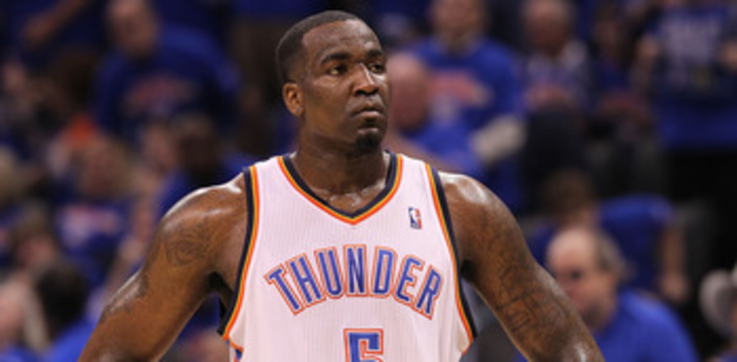 OKLAHOMA CITY, OK - MAY 15:  Center Kendrick Perkins #5 of the Oklahoma City Thunder reacts against the Memphis Grizzlies in Game Seven of the Western Conference Semifinals in the 2011 NBA Playoffs on May 15, 2011 at Oklahoma City Arena in Oklahoma City, 