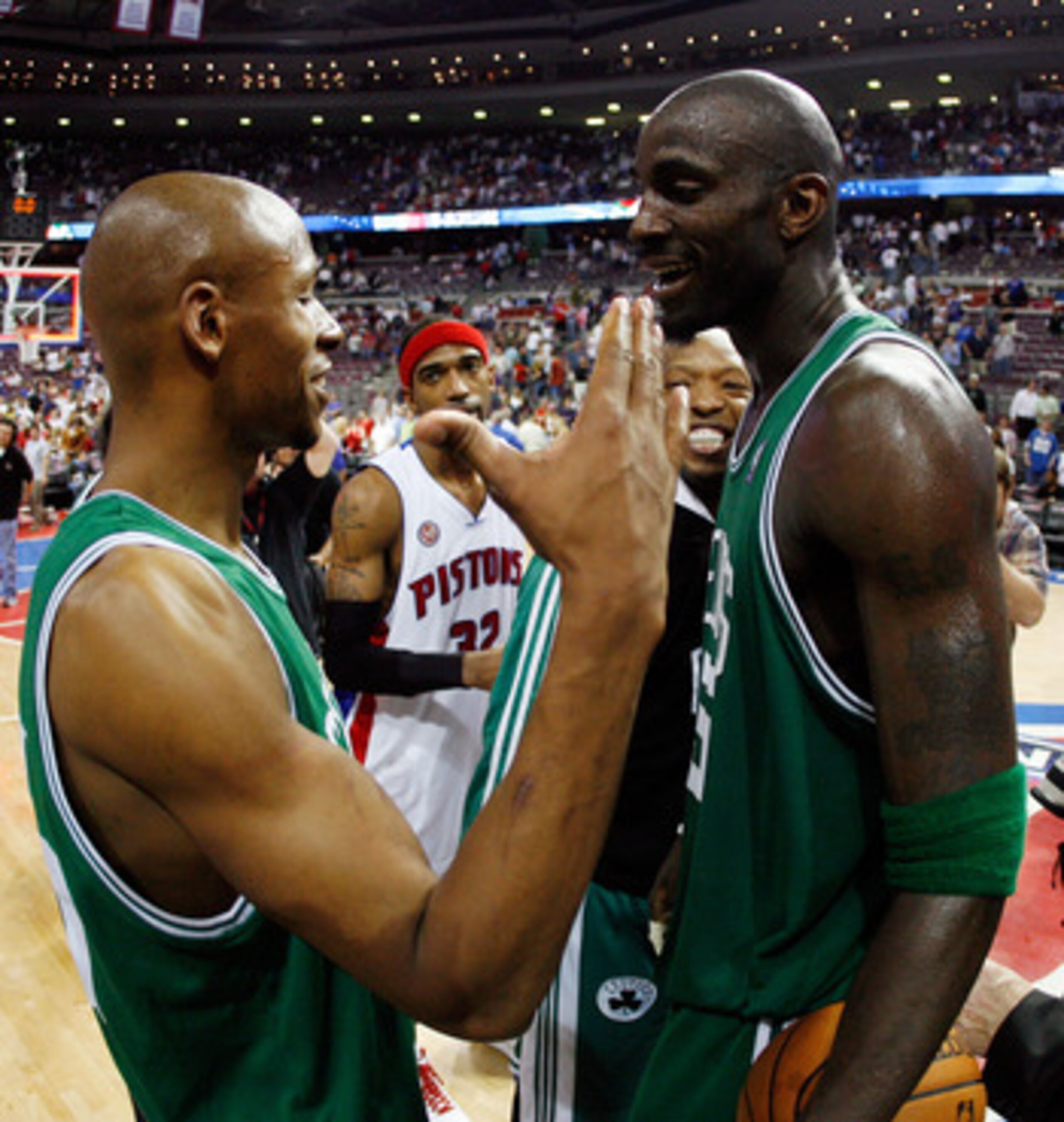 AUBURN HILLS, MI - MAY 30: Kevin Garnett #5 and Ray Allen #20 of the Boston Celtics celebrate after defeating the Detroit Pistons to advance to the NBA Finals in Game Six of the Eastern Conference finals during the 2008 NBA Playoffs at the Palace of Aub AUBURN HILLS, MI - MAY 30: Kevin Garnett #5 and Ray Allen #20 of the Boston Celtics celebrate after defeating the Detroit Pistons to advance to the NBA Finals in Game Six of the Eastern Conference finals during the 2008 NBA Playoffs at the Palace of Aub