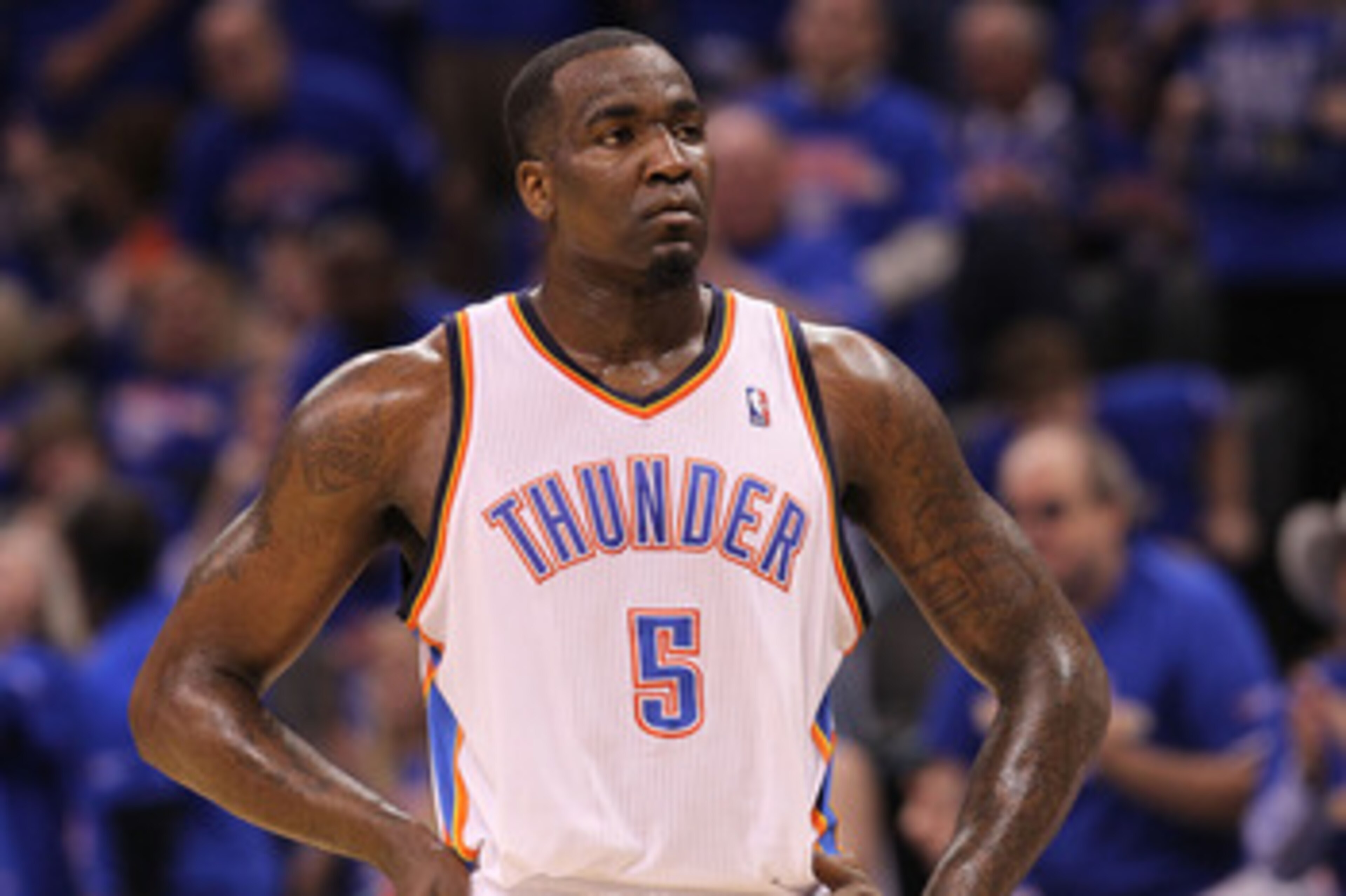 OKLAHOMA CITY, OK - MAY 15:  Center Kendrick Perkins #5 of the Oklahoma City Thunder reacts against the Memphis Grizzlies in Game Seven of the Western Conference Semifinals in the 2011 NBA Playoffs on May 15, 2011 at Oklahoma City Arena in Oklahoma City, 