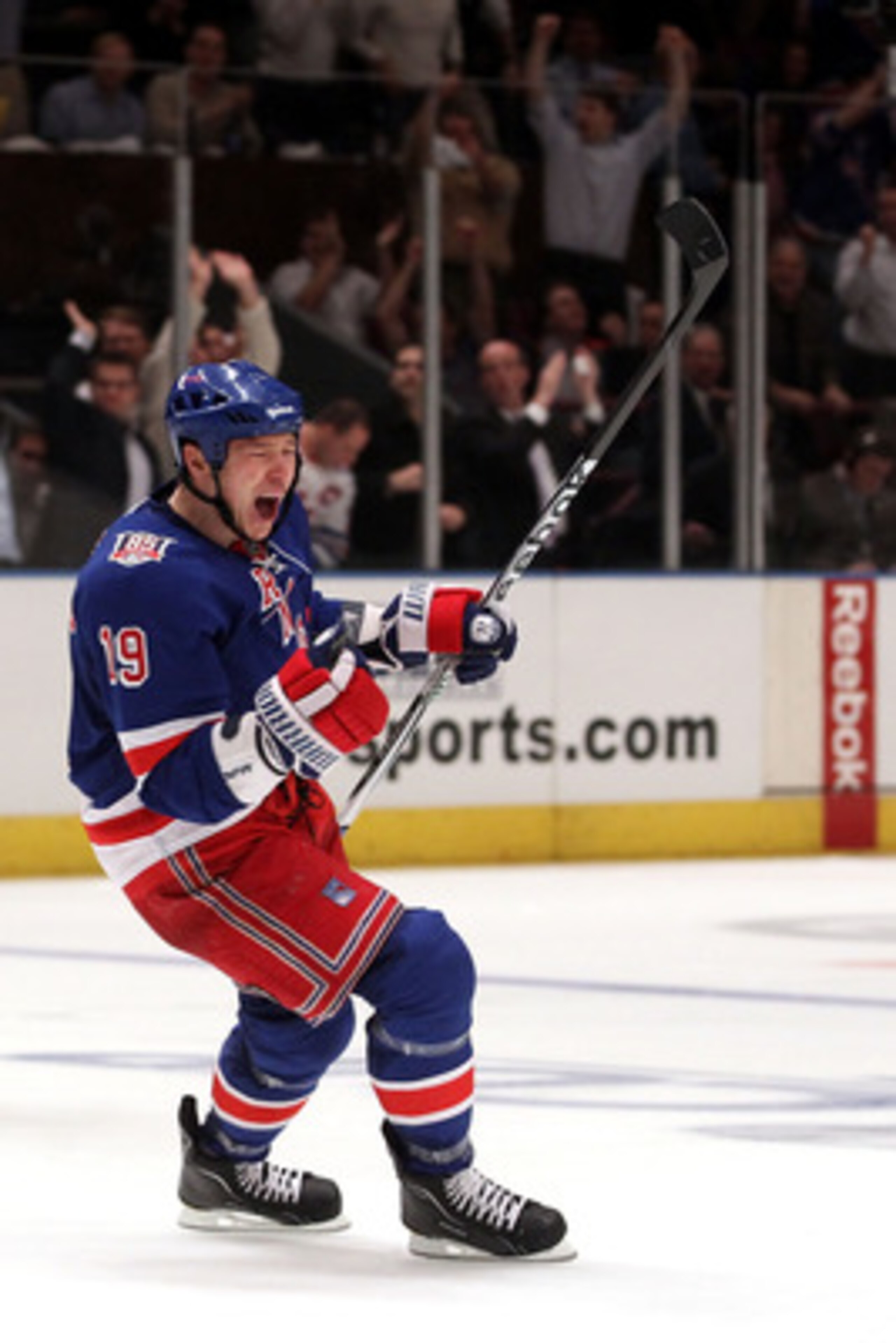 NEW YORK, NY - APRIL 20:  Ruslan Fedotenko #19 of the New York Rangers celebrates after Marian Gaborik #10 scored a goal in the second period against the Washington Capitals in Game Four of the Eastern Conference Quarterfinals during the 2011 NHL Stanley 
