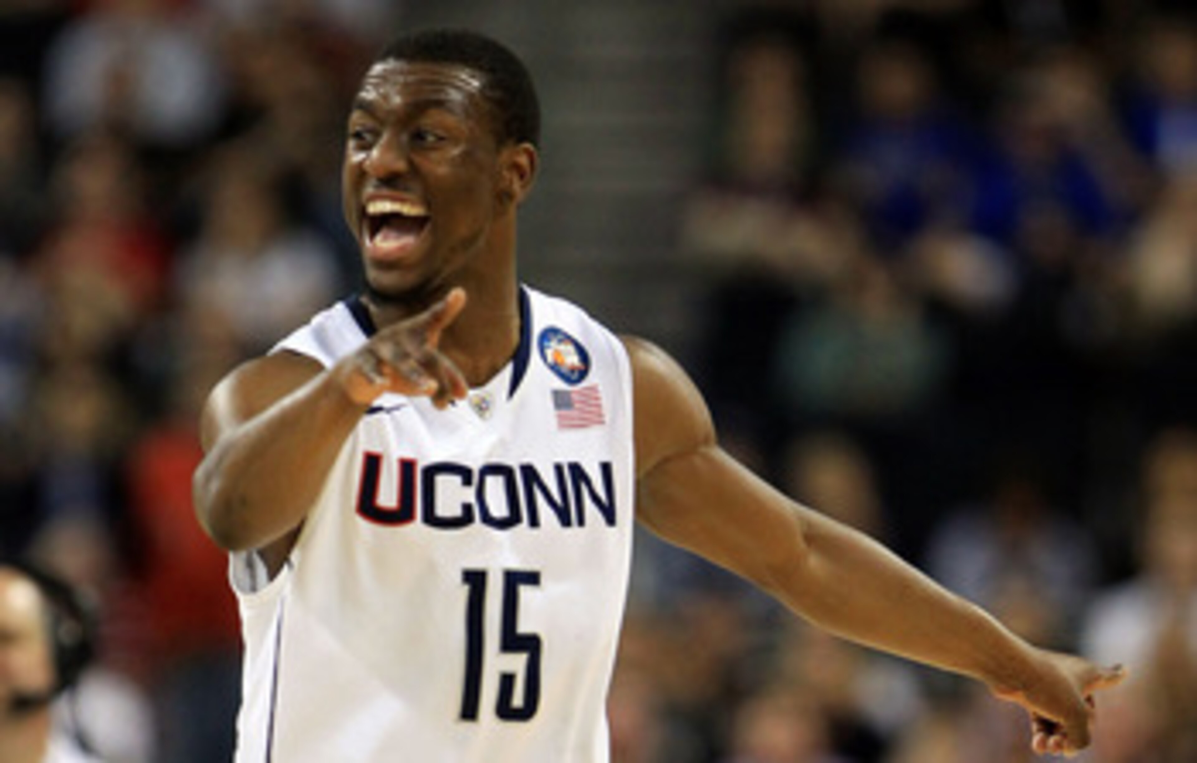 HOUSTON, TX - APRIL 04:  Kemba Walker #15 of the Connecticut Huskies reacts after a play against the Butler Bulldogs during the National Championship Game of the 2011 NCAA Division I Men's Basketball Tournament at Reliant Stadium on April 4, 2011 in Houst