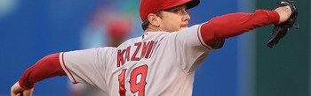 OAKLAND, CA - SEPTEMBER 03:  Scott Kazmir #19 of the Los Angeles Angels of Anaheim pitches against the Oakland Athletics during a Major League Baseball game at the Oakland-Alameda County Coliseum on September 3, 2010 in Oakland, California.  (Photo by Jed